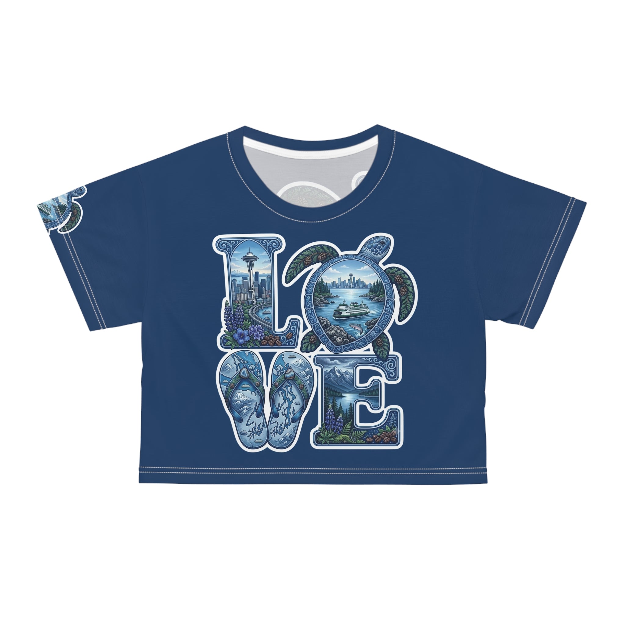 Seattle LOVE Turtle Crop Tee — Pacific Northwest Scenic Graphic Top