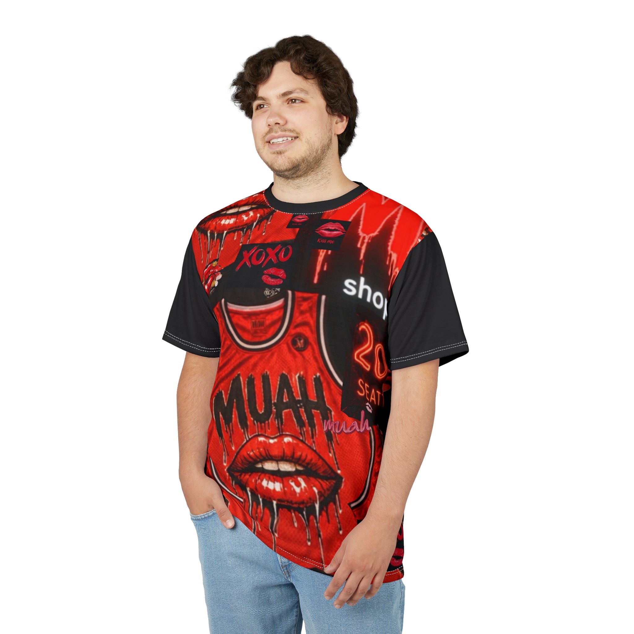 Red 'Muah' Kiss Graphic Tee — All-Over Print Streetwear Shirt