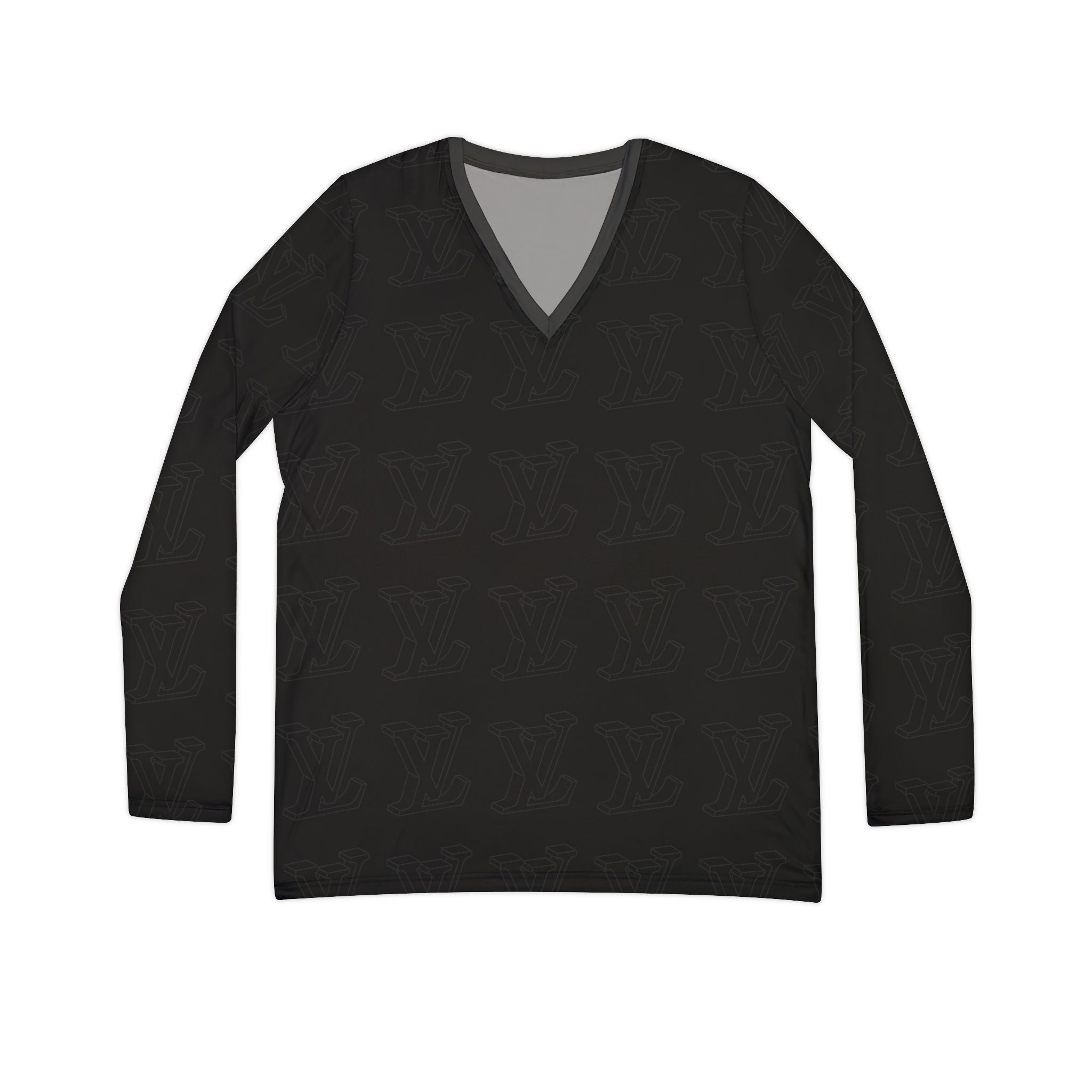 Women's V-Neck Long Sleeve Shirt — All-Over Black Minimalist Pattern