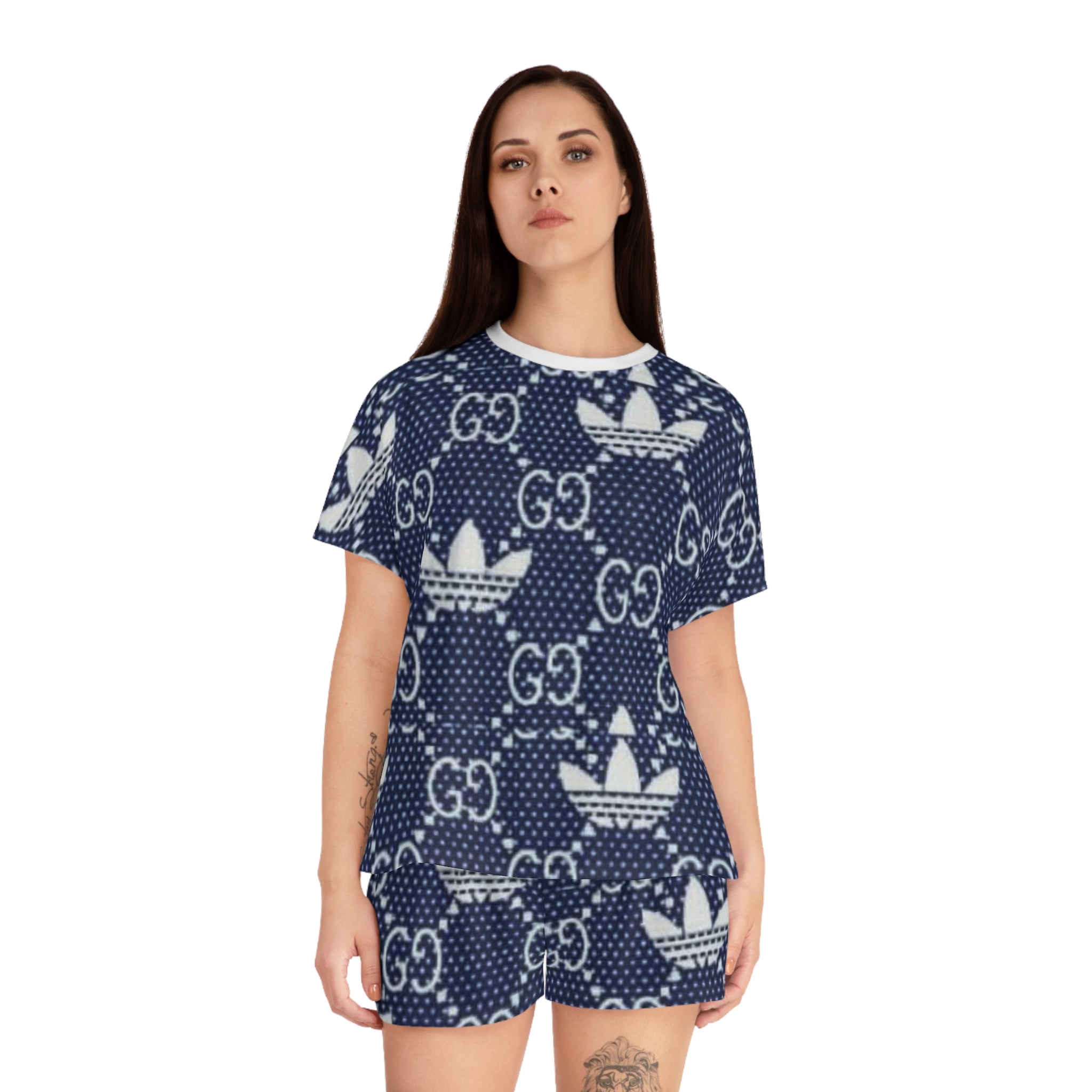 Women’s Short Pajama Set — Navy Polka Dot Logo Lounge Shorts & Tee
