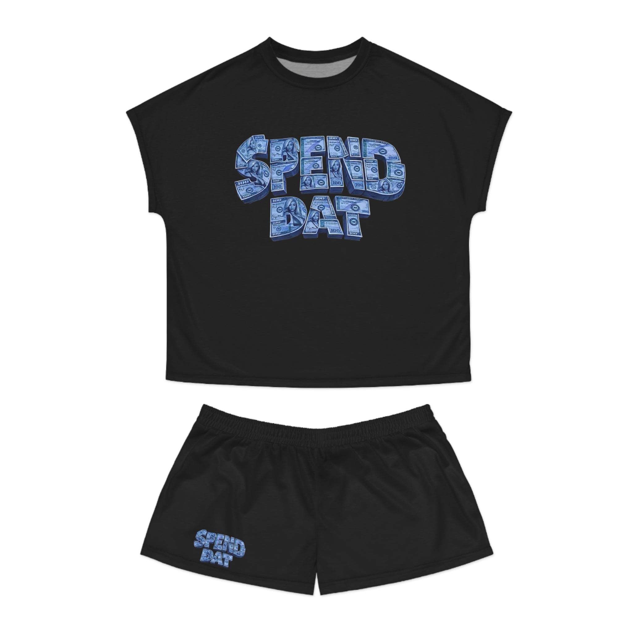 Spend Dat Women's Pajama Set — Black Short Sleep Set with Blue Graphic