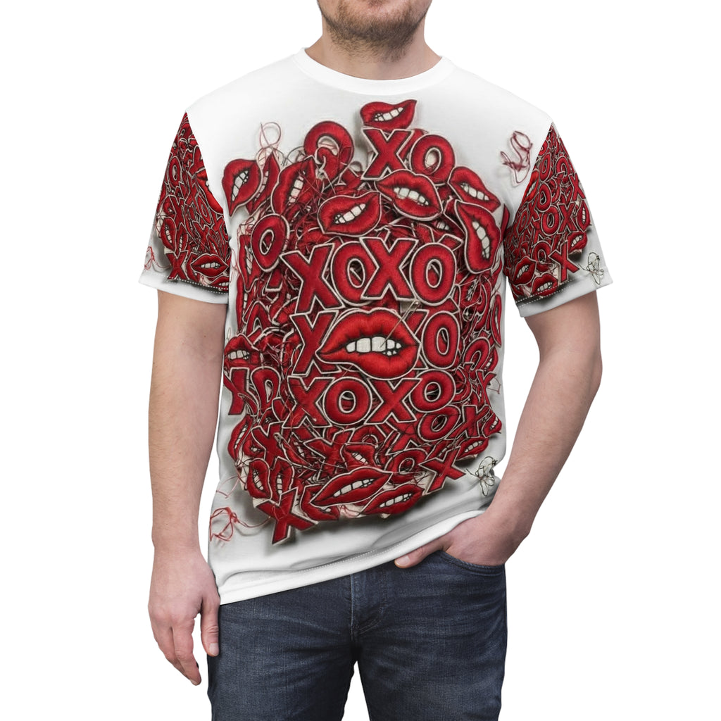 XOXO Red Lips All-Over Print Tee — Valentine's Day Kiss Graphic Shirt