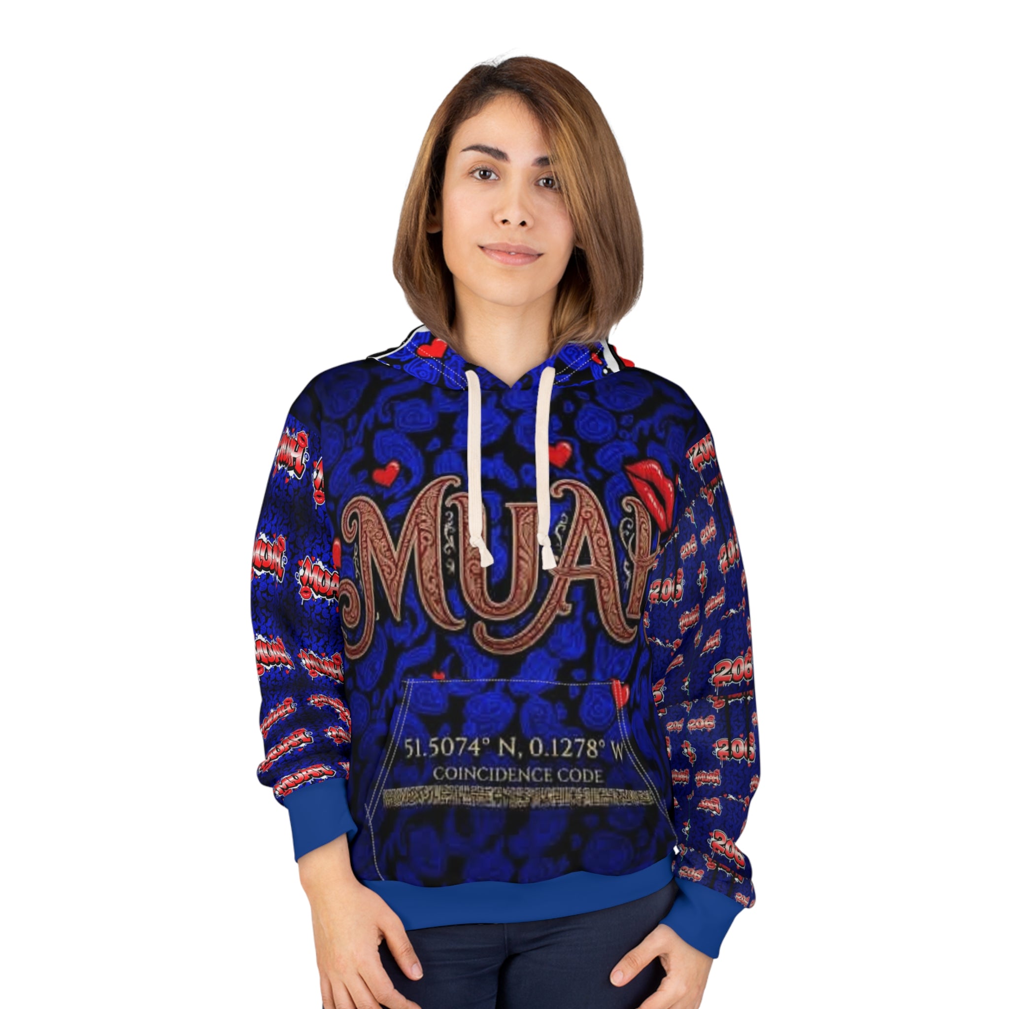 Muah Graphic Hoodie — Romantic Lip & Hearts All-Over Print Pullover