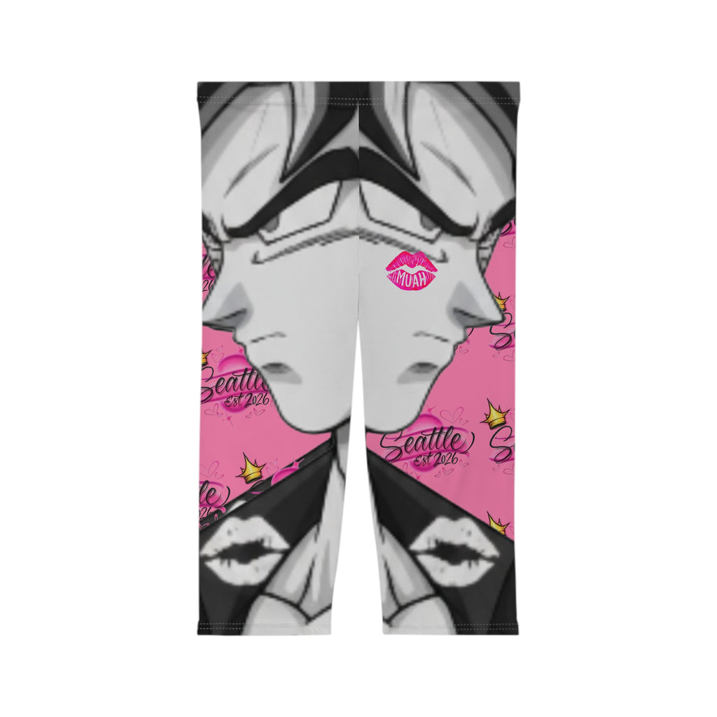 Seattle Queen Capri Leggings — Pink Anime Kiss Graphic
