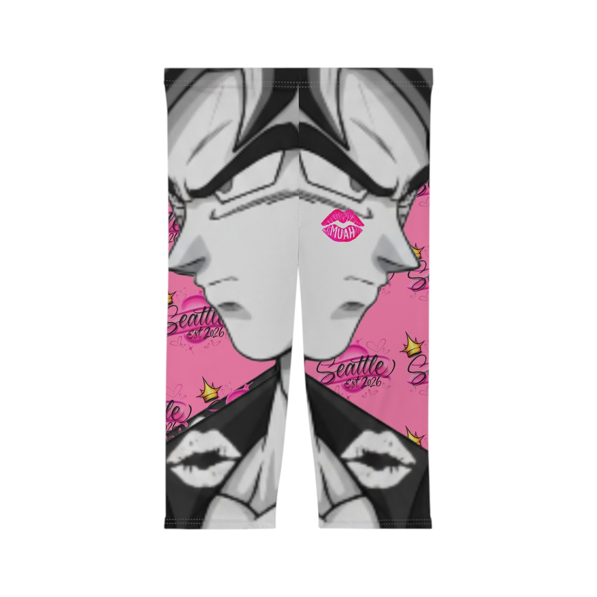 Seattle Queen Capri Leggings — Pink Anime Kiss Graphic