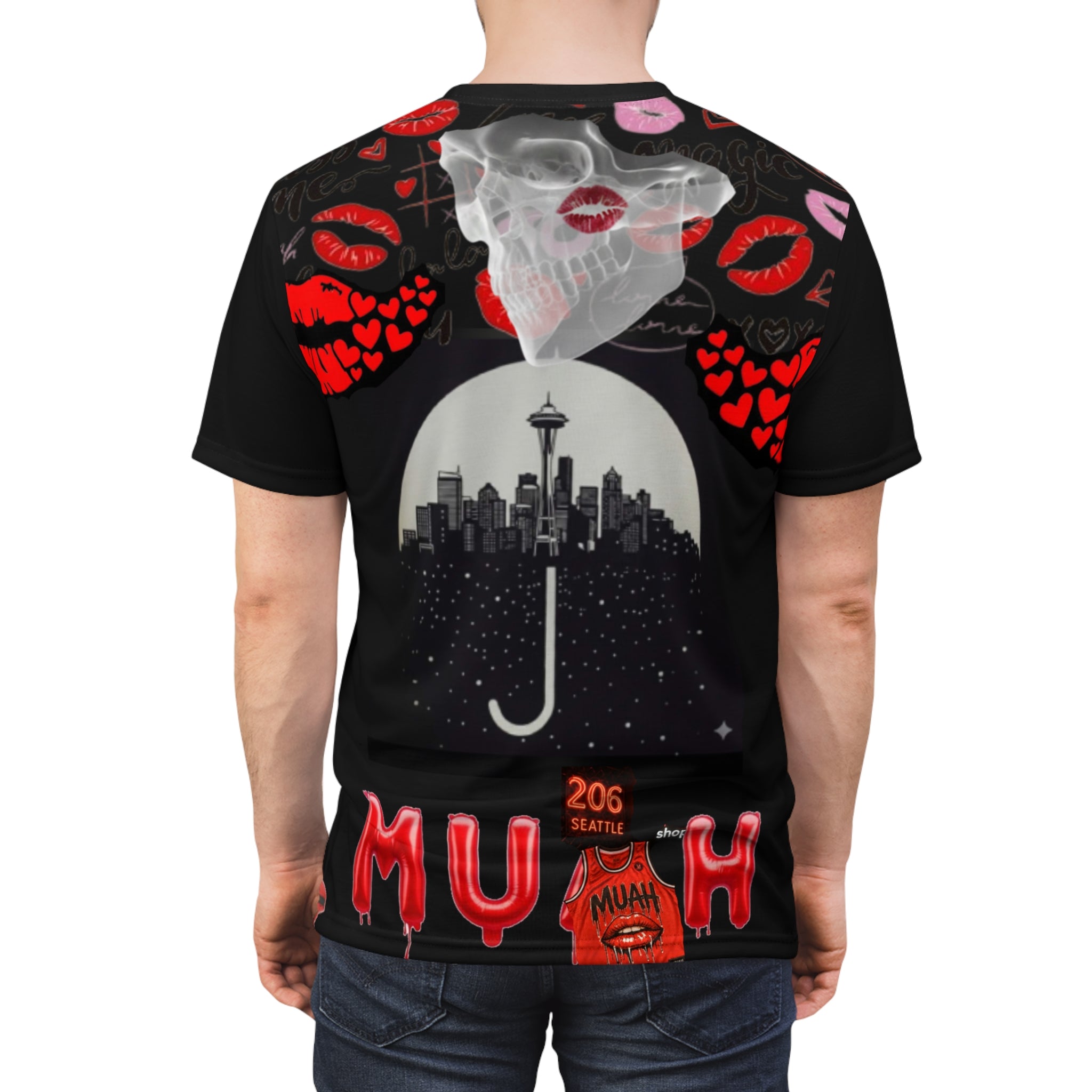 Red 'Muah' Kiss Graphic Tee — All-Over Print Streetwear Shirt