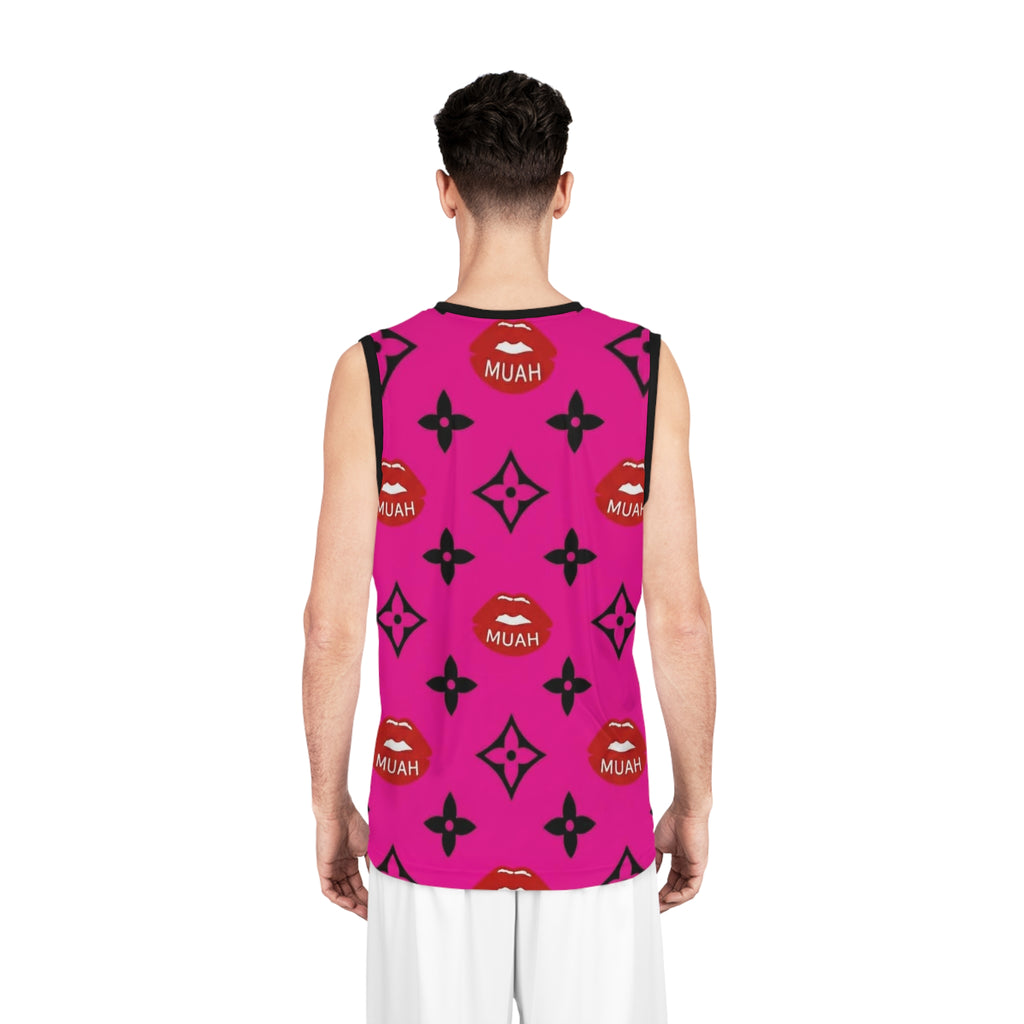 Pink Kiss Pattern Basketball Jersey — "MUAH" All-Over-Print Streetwear