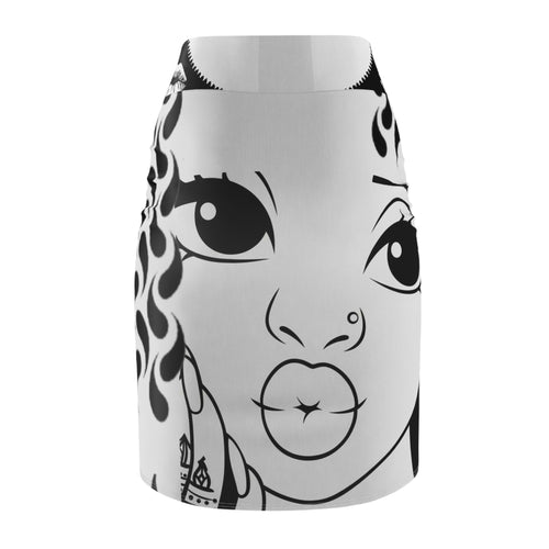 Black & White Graphic Face Pencil Skirt — Bold Tribal Flame Pattern