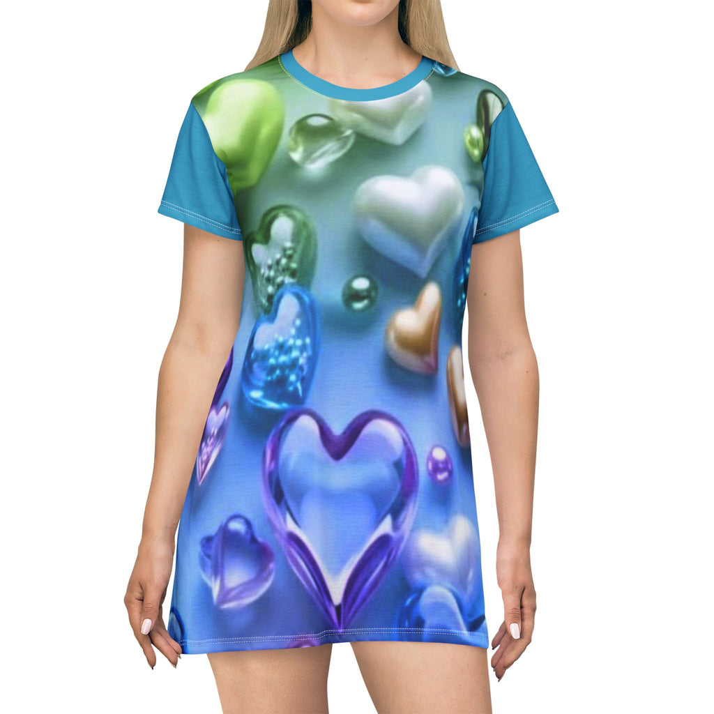 Heart Bubble All-Over Print T-Shirt Dress — Colorful 3D Hearts Summer Dress