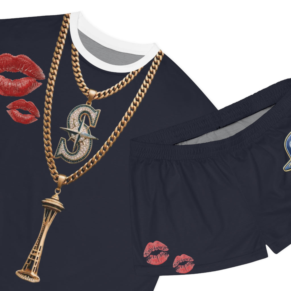 Seattle Mariners Inspired Women's Pajama Set — Cute Girl Mascot, Gold Necklace & Lip Print Sleepwear
