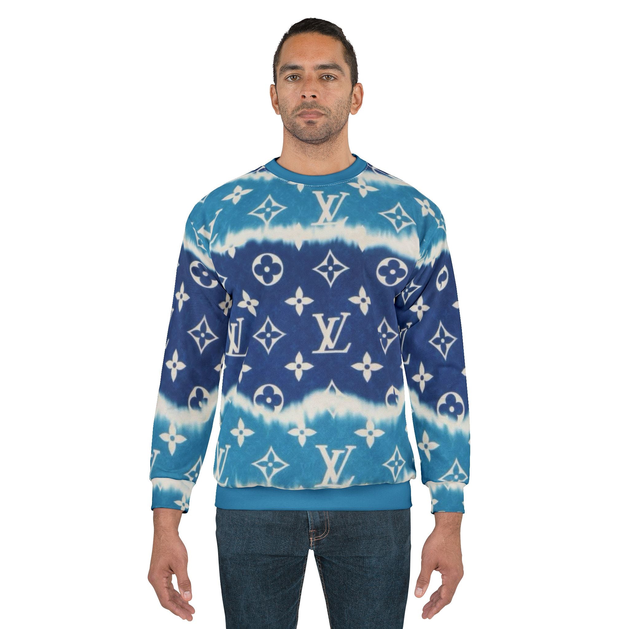 Tie-Dye Monogram Sweatshirt — Blue Luxury Logo Pattern