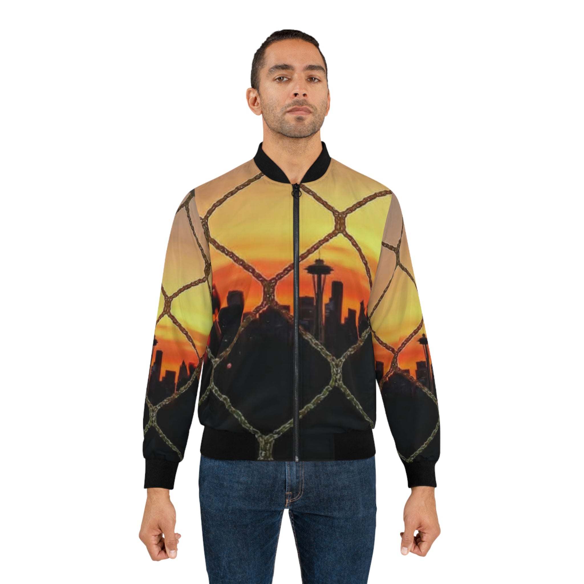Seattle Sunset Skyline Bomber Jacket — Chainlink Fence AOP