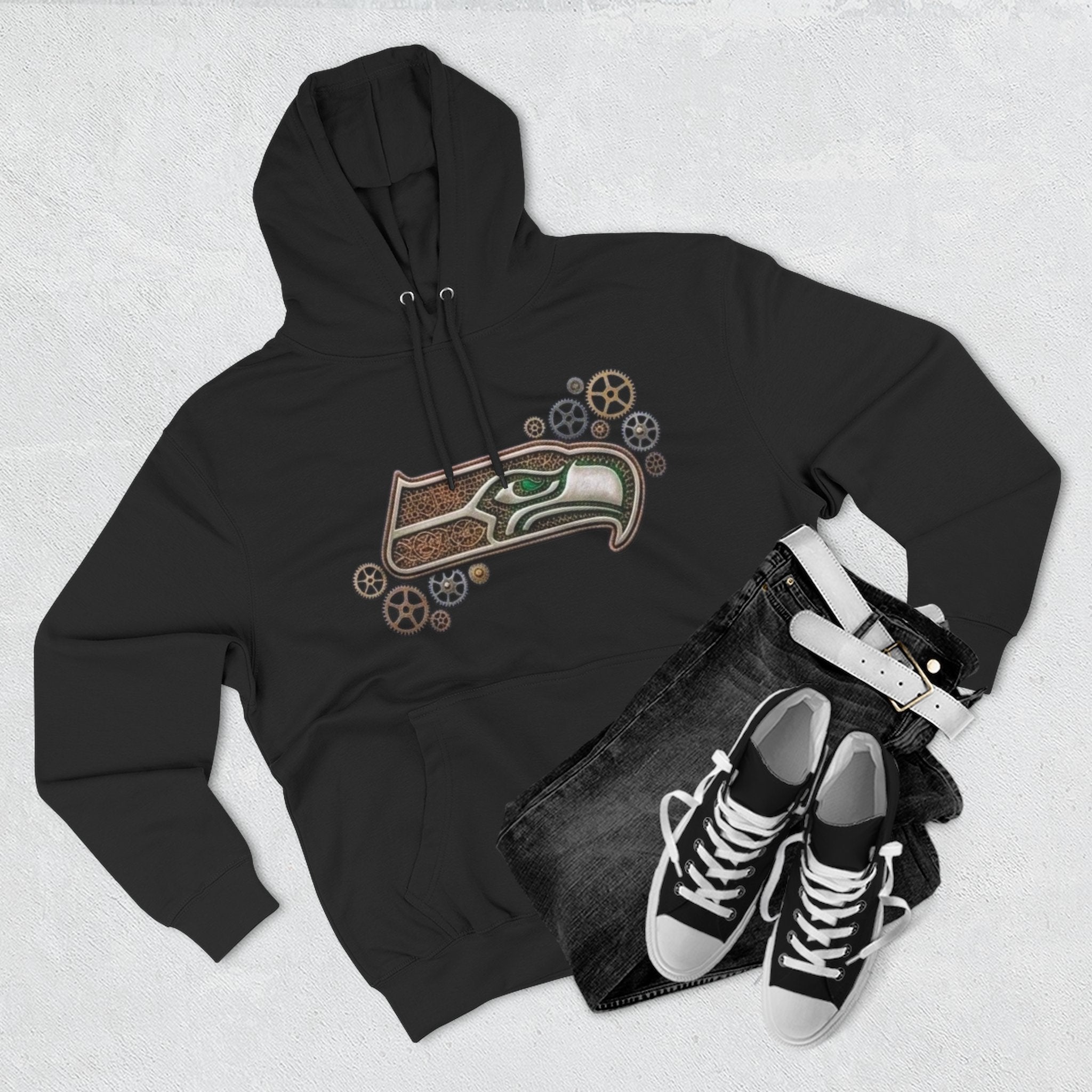 Seahawk Gear Hoodie — Vintage Seahawk Emblem with Gear Accents