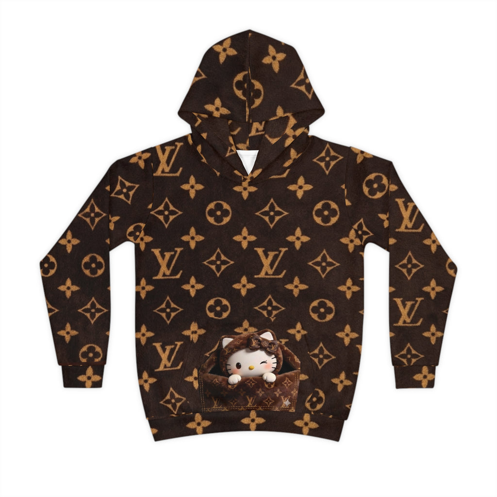 Children's Designer-Inspired Hoodie — Brown Monogram Print with Cute Kitty Pocket