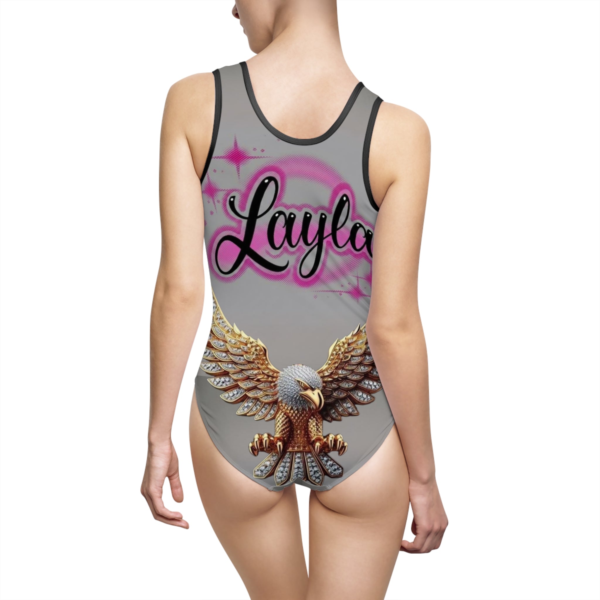Personalized 'Layla' One-Piece Swimsuit — Pink Script Name & Eagle Graphic