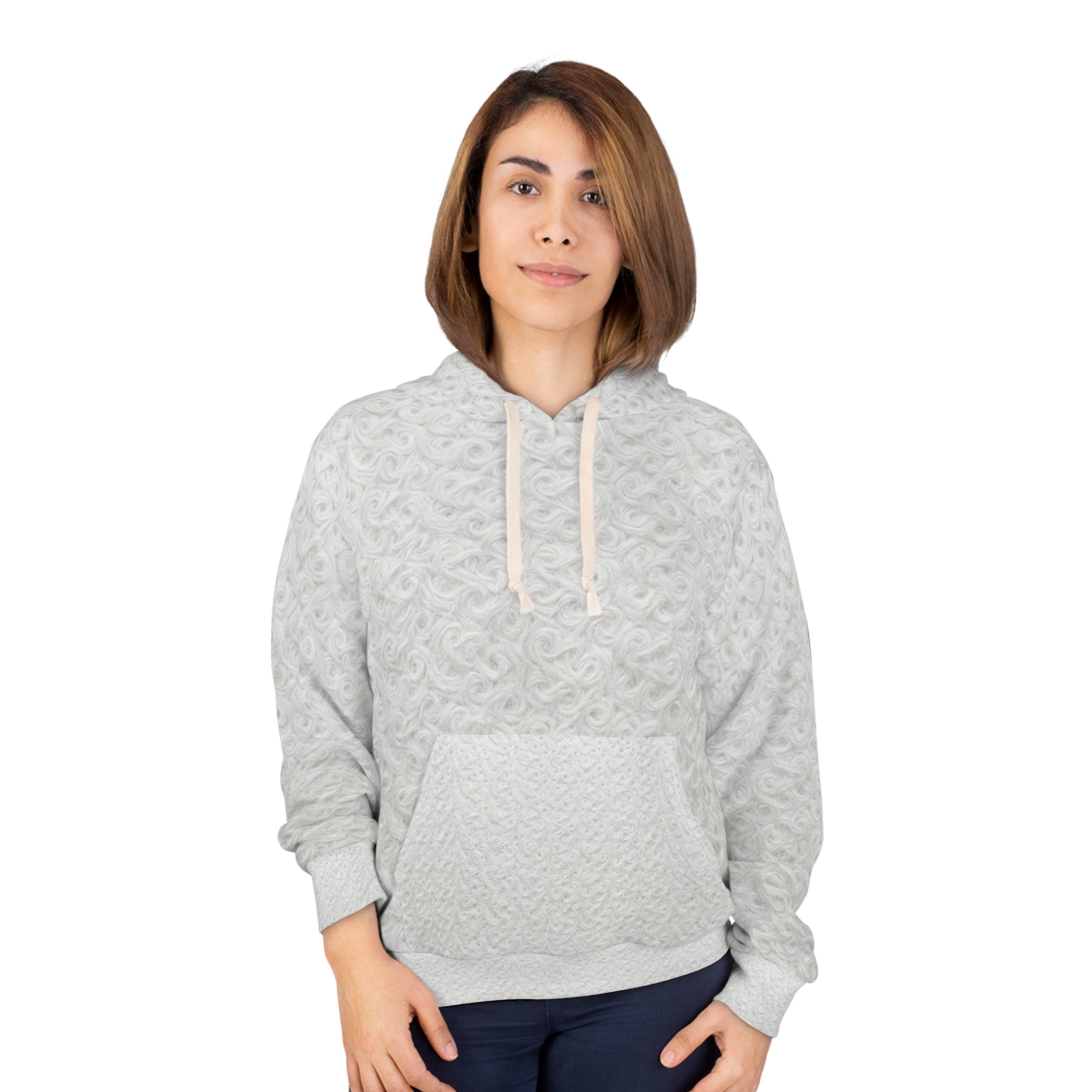 White Quilted Texture Hoodie – Cozy All-Over Print Pullover
