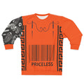 Priceless Orange Graphic Sweatshirt — Bold Barcode & Lip Art Streetwear