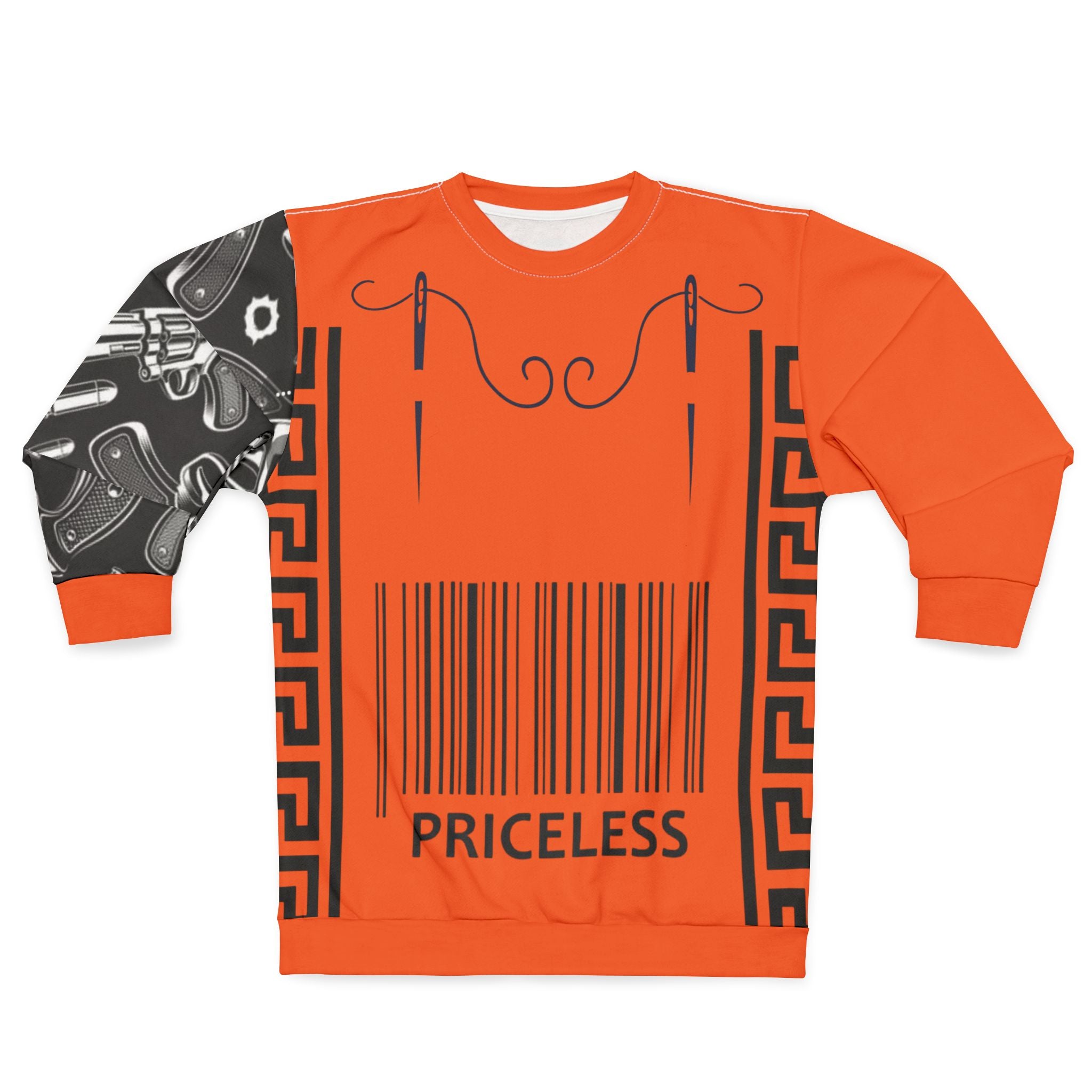 Priceless Orange Graphic Sweatshirt — Bold Barcode & Lip Art Streetwear