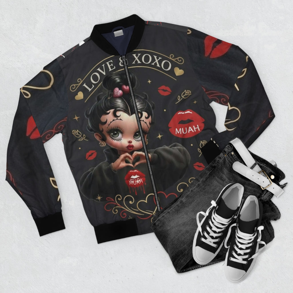 Betty Boop XOXO Graphic Bomber Jacket — Retro Pinup Kiss Design