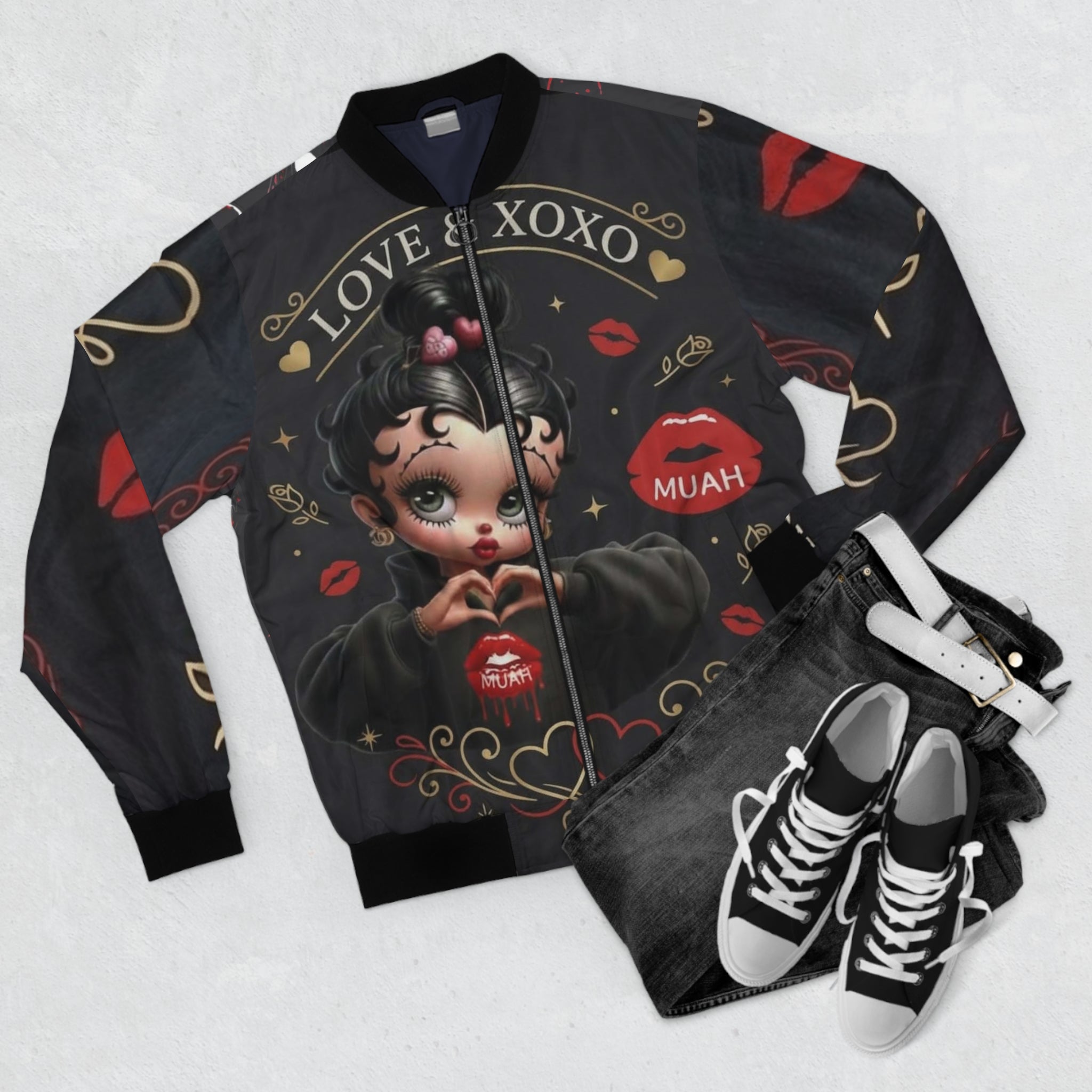 Betty Boop XOXO Graphic Bomber Jacket — Retro Pinup Kiss Design