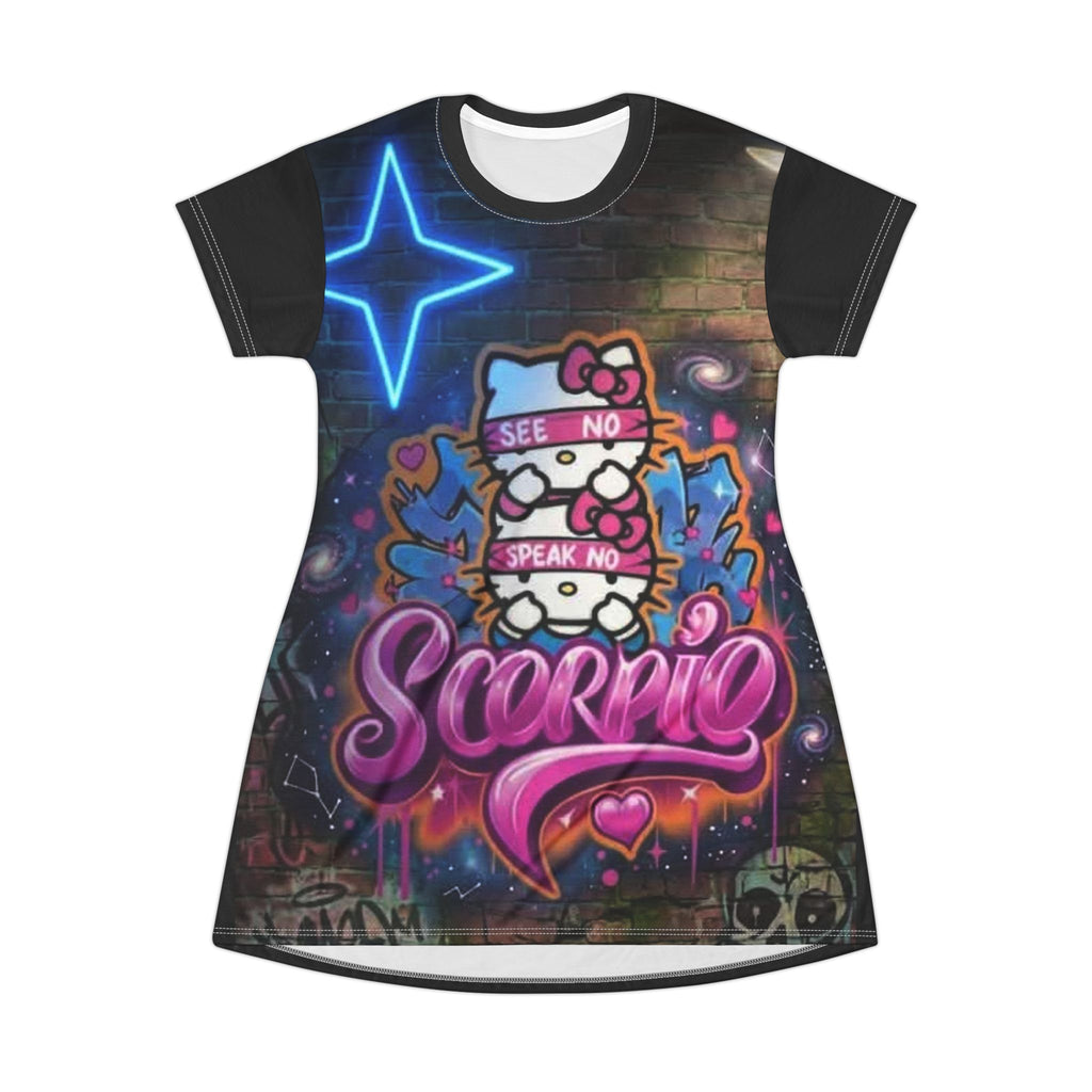 Scorpio Graffiti Kitty T-Shirt Dress — 'See No, Speak No' Cute Zodiac AOP