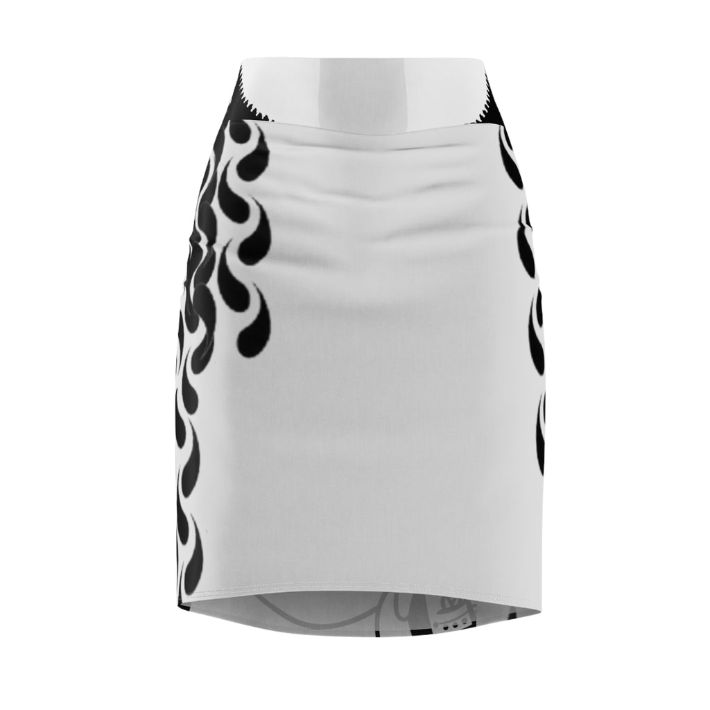 Black & White Graphic Face Pencil Skirt — Bold Tribal Flame Pattern