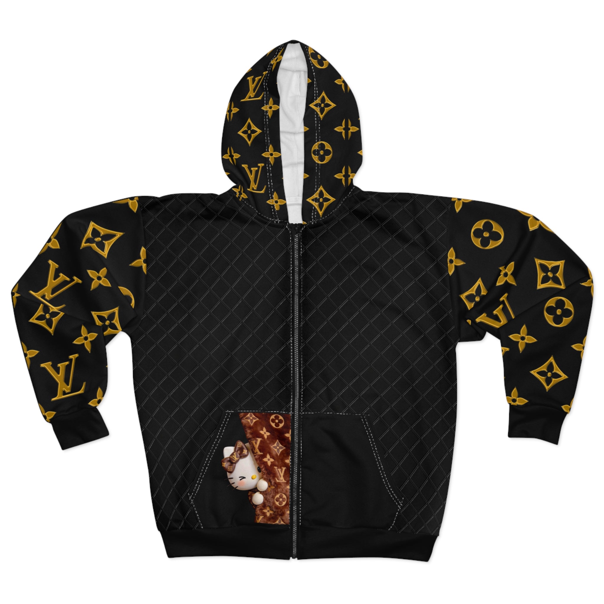 Luxury Monogram Zip Hoodie — Black & Gold Designer Pattern