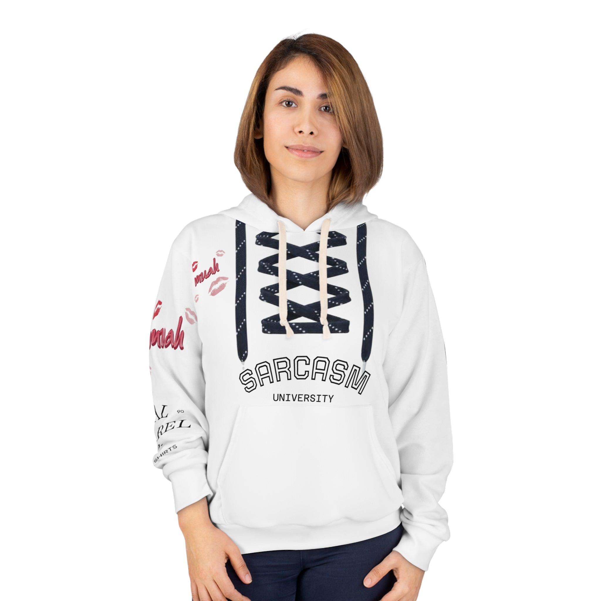 Sarcasm University Hoodie — Funny Lace-Up Pullover with Kiss Marks