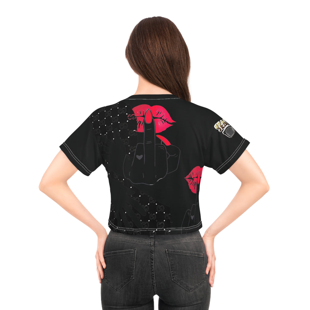 Graphic Crop Tee — Bold Red Lips & Middle Finger All-Over Print