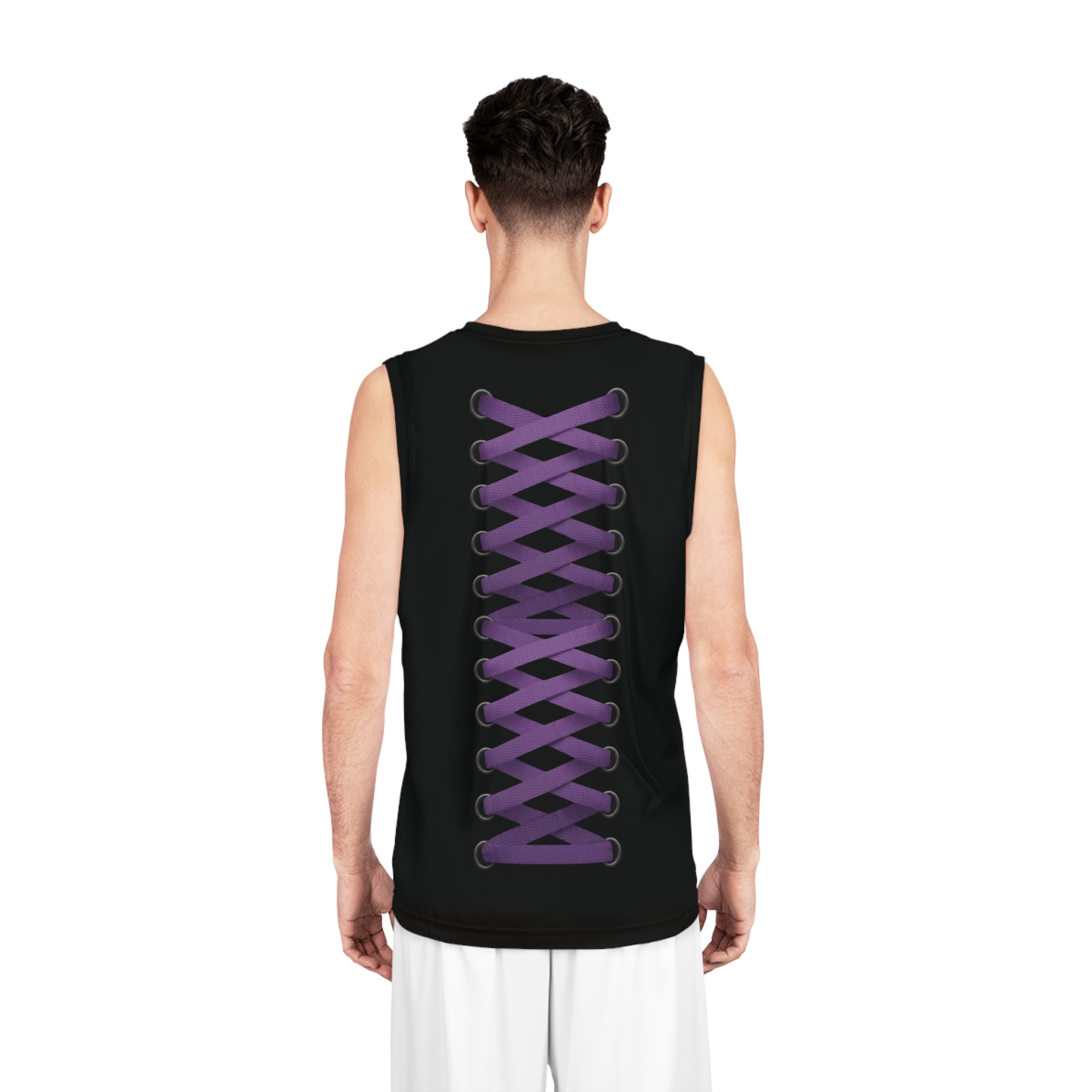 Laced-Up Basketball Jersey — Black with Purple Shoelace Design