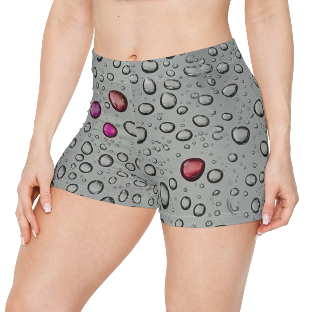 Water Droplet Women's Shorts — Gray Rain Bubble Print with Color Accents