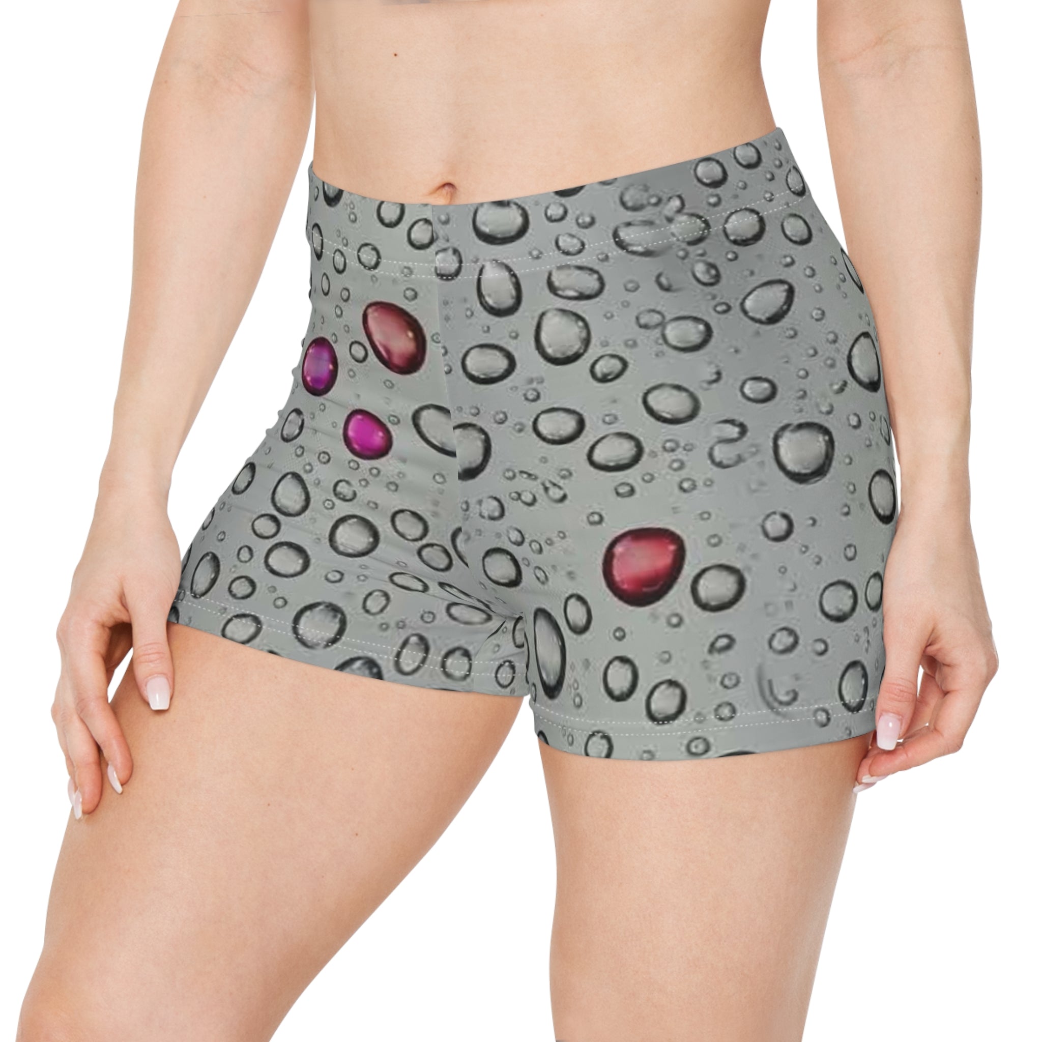Water Droplet Women's Shorts — Gray Rain Bubble Print with Color Accents