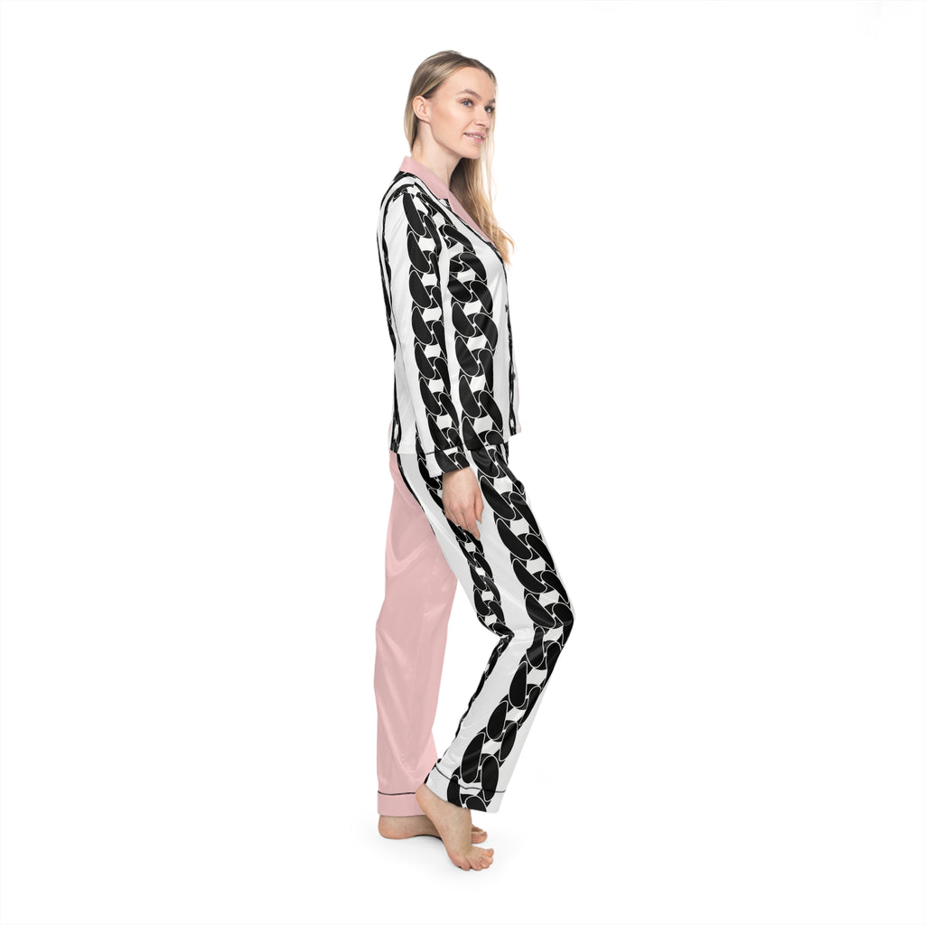 Pink Satin Pajama Set with Black Chain Print — Women's Luxe Sleepwear