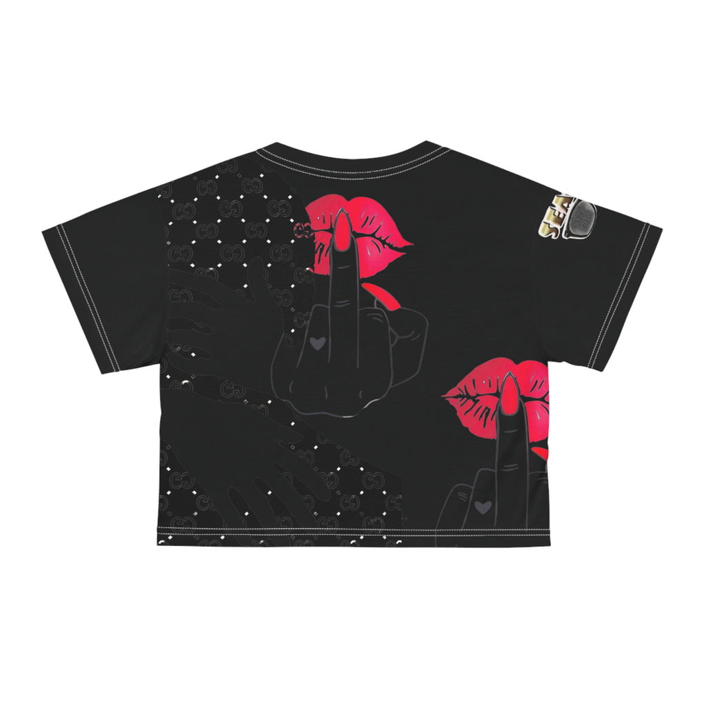 Graphic Crop Tee — Bold Red Lips & Middle Finger All-Over Print