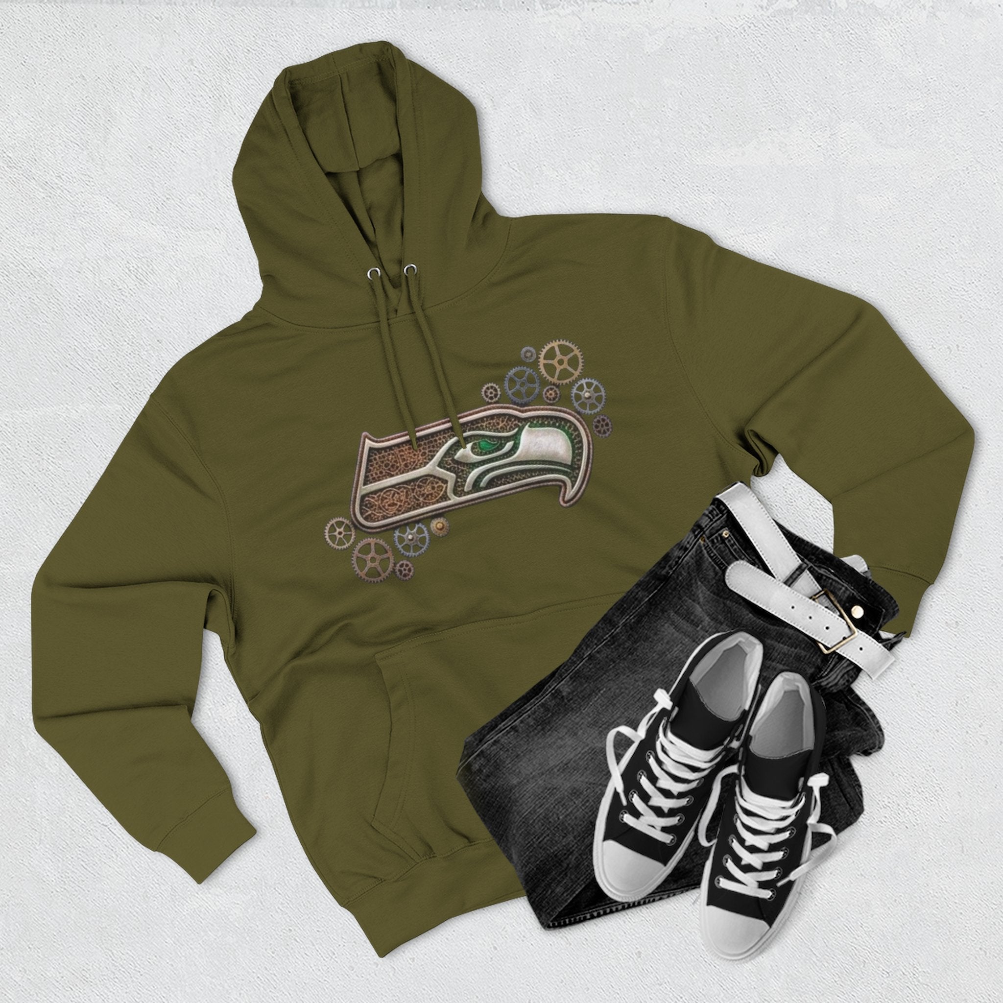Seahawk Gear Hoodie — Vintage Seahawk Emblem with Gear Accents