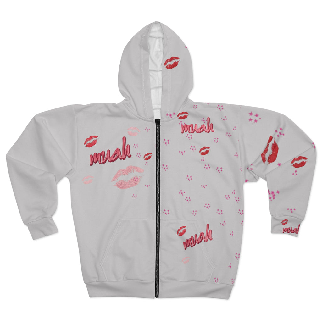 Kiss Pattern Zip Hoodie — "Muah" All-Over Print