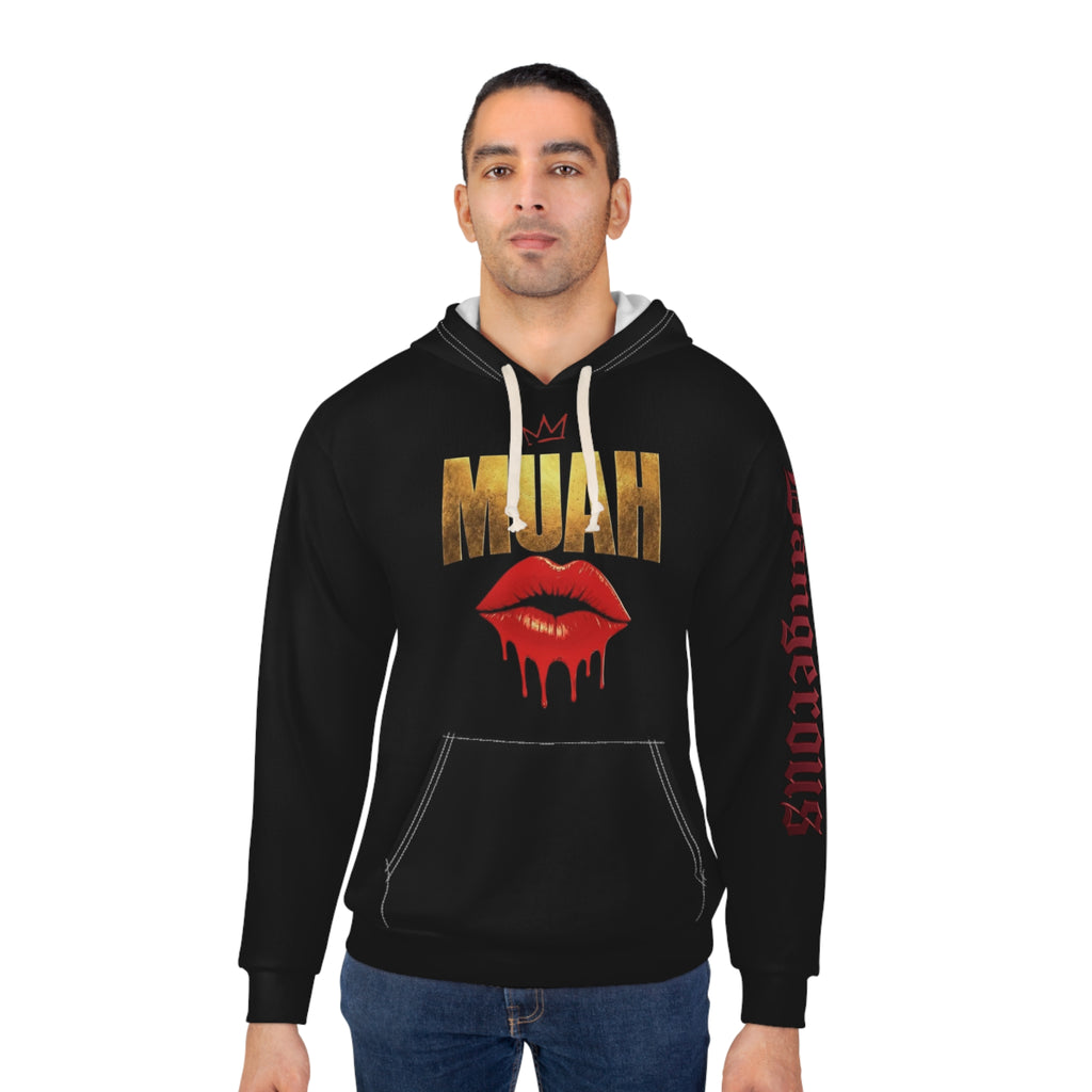 Muah Drip Lips Hoodie — 'Muah' Gold Lettering & Dripping Red Lips Pullover
