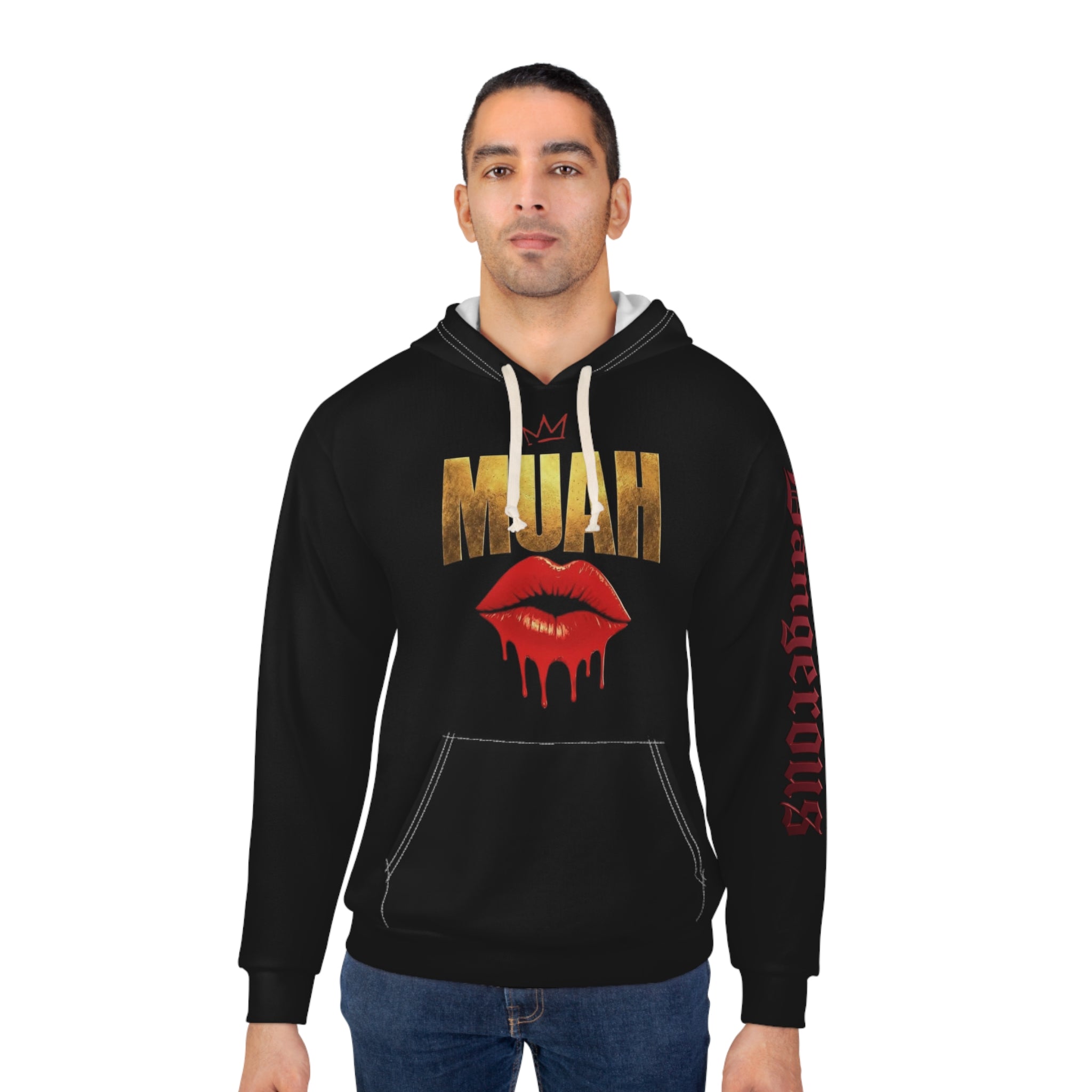 Muah Drip Lips Hoodie — 'Muah' Gold Lettering & Dripping Red Lips Pullover