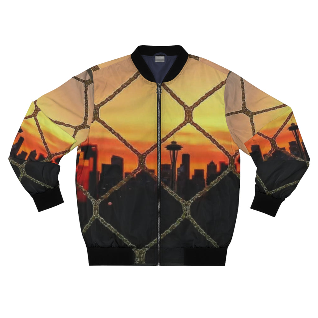 Seattle Sunset Skyline Bomber Jacket — Chainlink Fence AOP