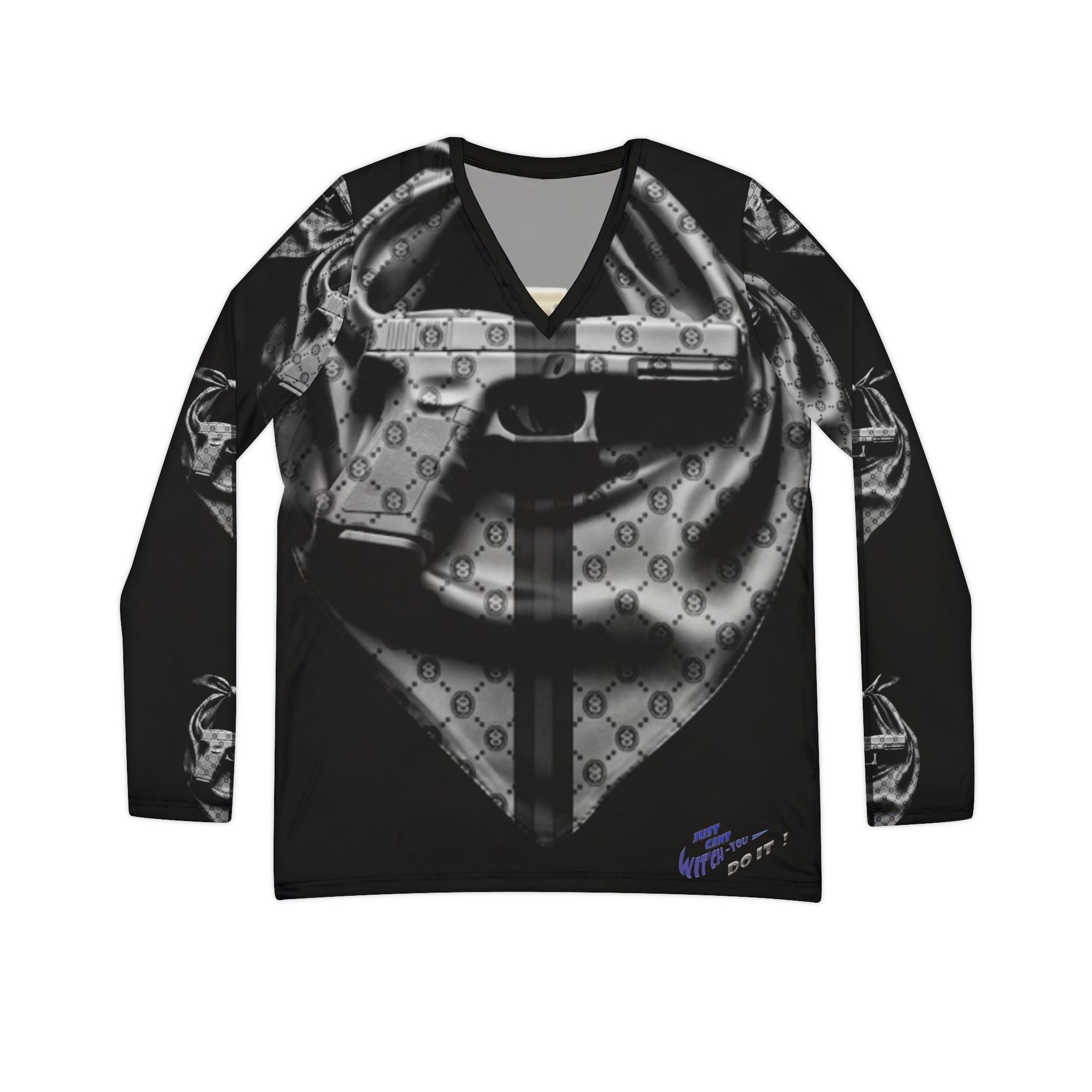 Seattle Prayer Hands & Gun Graphic Long Sleeve V-Neck Shirt