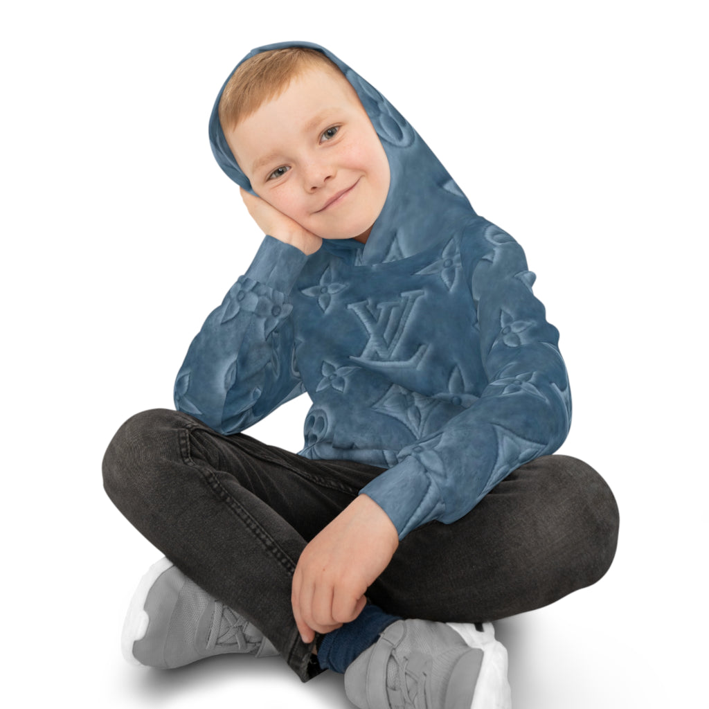 Kids Luxury Monogram Hoodie — Blue Plush All-Over Print