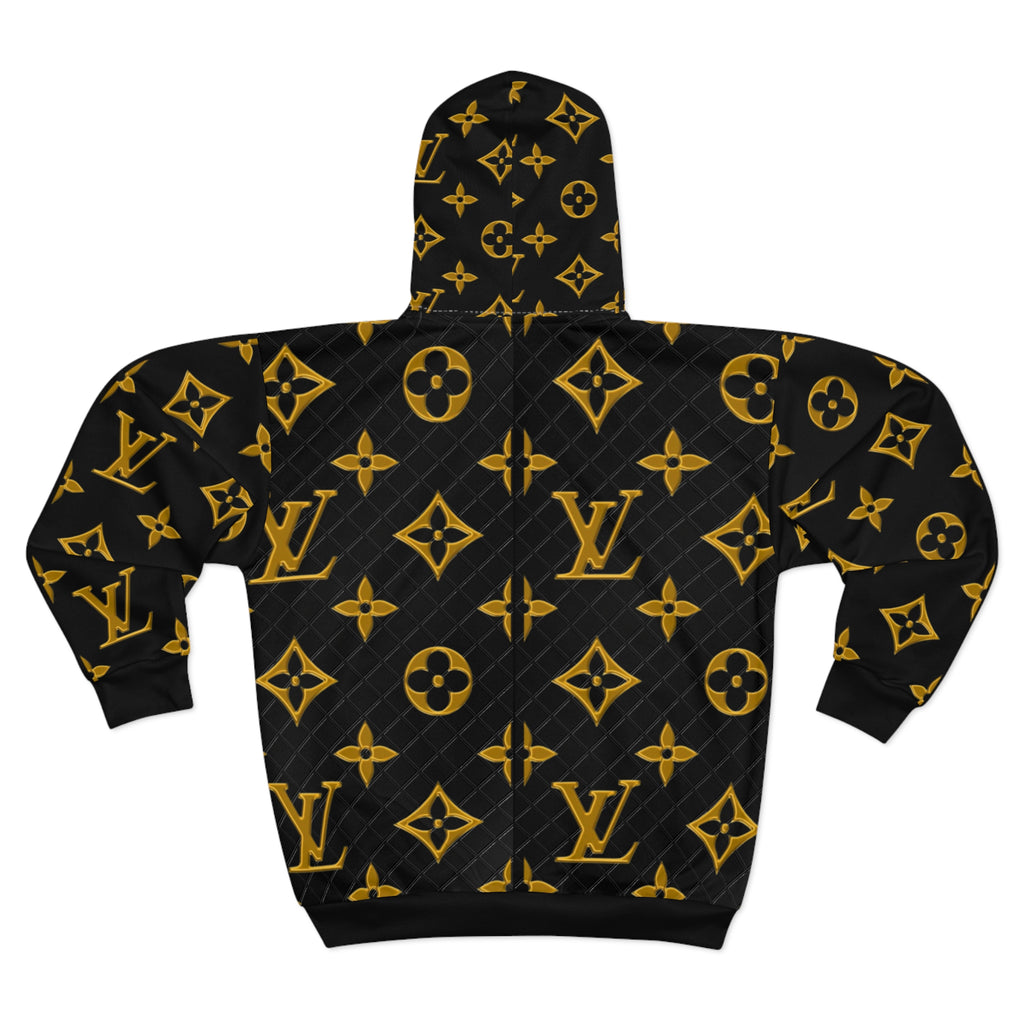 Luxury Monogram Zip Hoodie — Black & Gold Designer Pattern