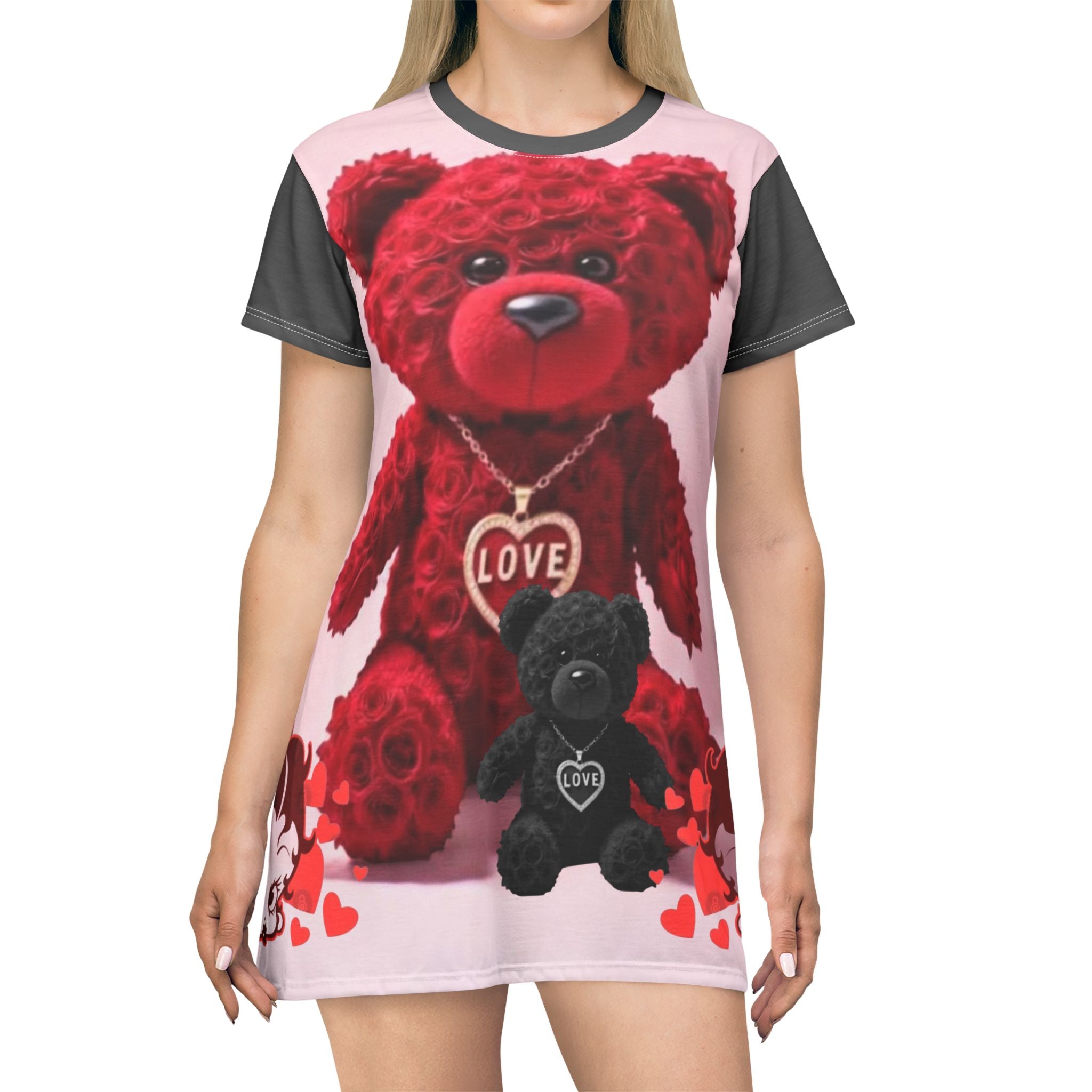 Valentine Teddy Bear T-Shirt Dress - XOXO Lips All-Over Print