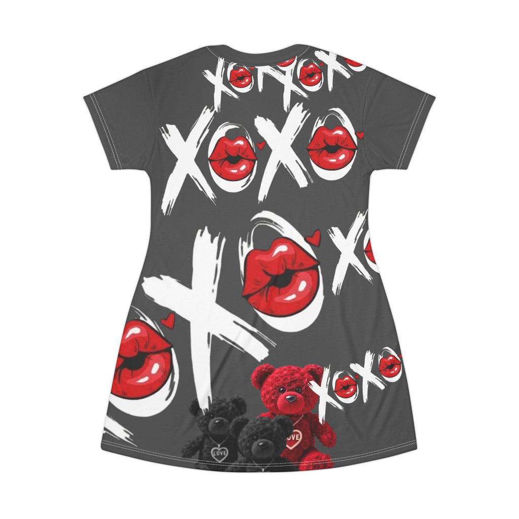 Valentine Teddy Bear T-Shirt Dress - XOXO Lips All-Over Print