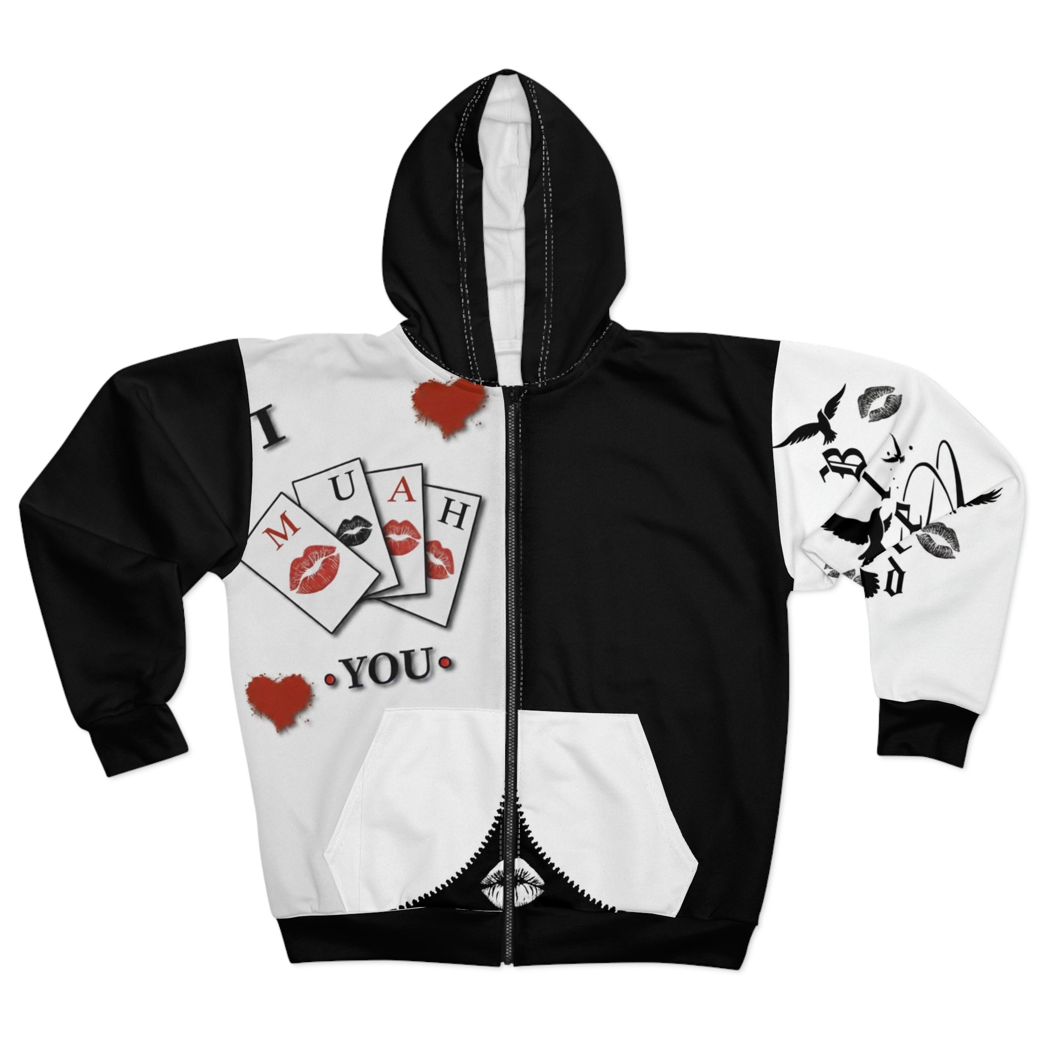 Muah You Zip Hoodie — Black & White Kiss Card Graphic Zip-Up