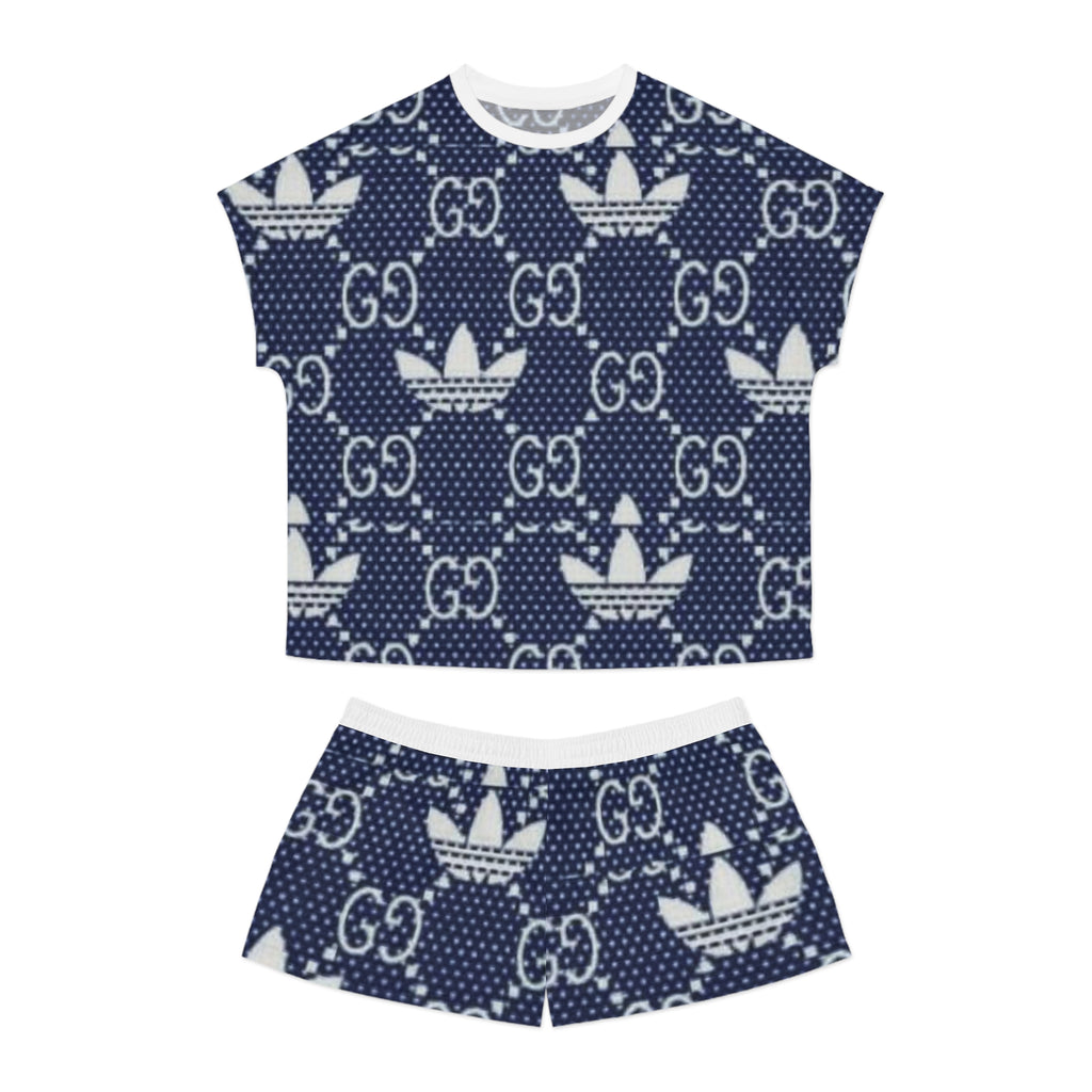 Women’s Short Pajama Set — Navy Polka Dot Logo Lounge Shorts & Tee