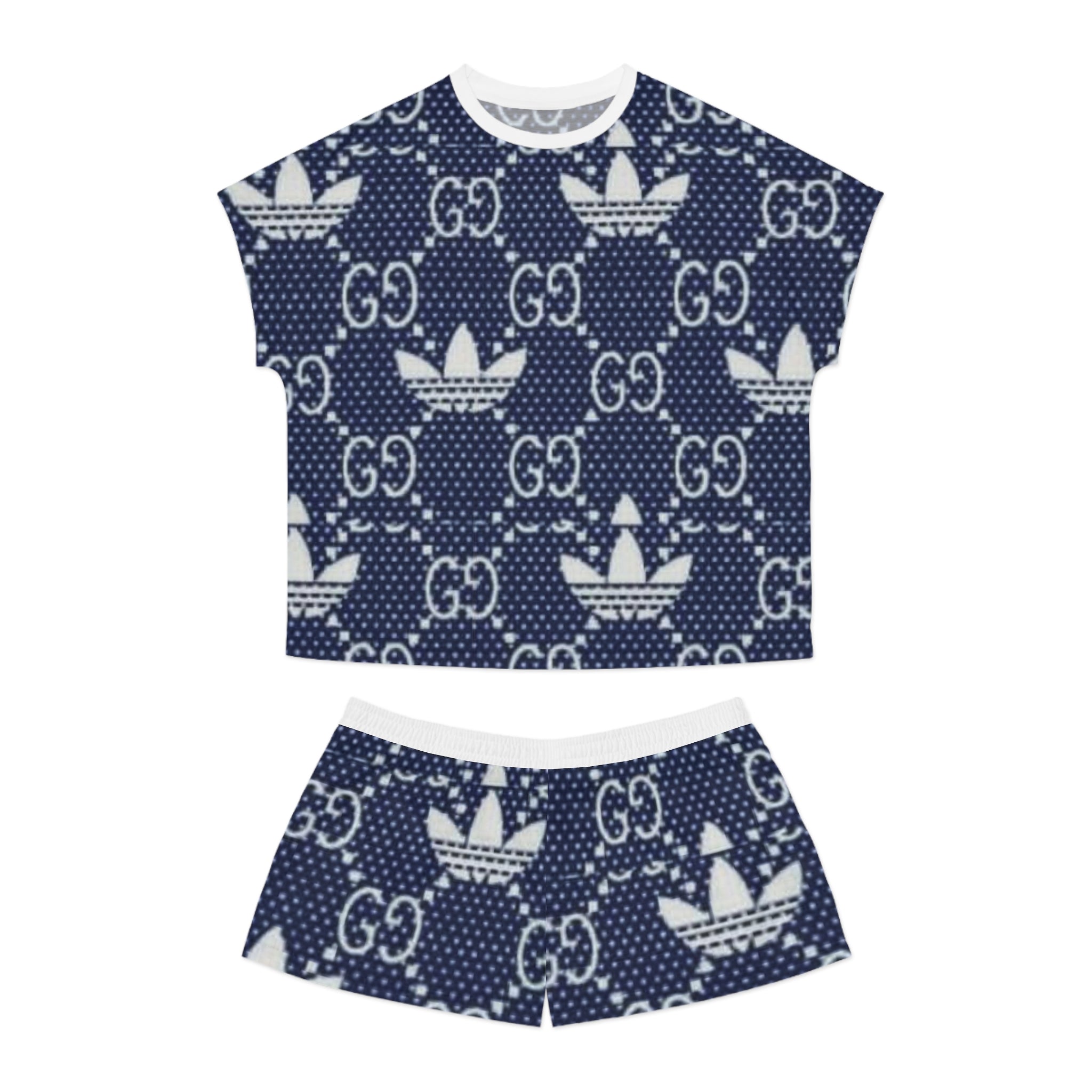 Women’s Short Pajama Set — Navy Polka Dot Logo Lounge Shorts & Tee