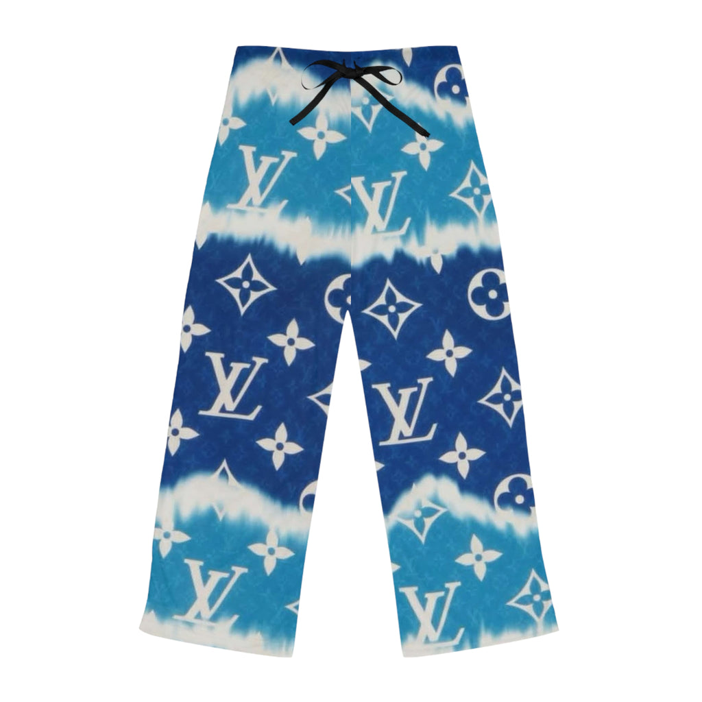 Luxury Blue Tie-Dye Lounge Pajama Pants — Monogram Print Women's Sleepwear