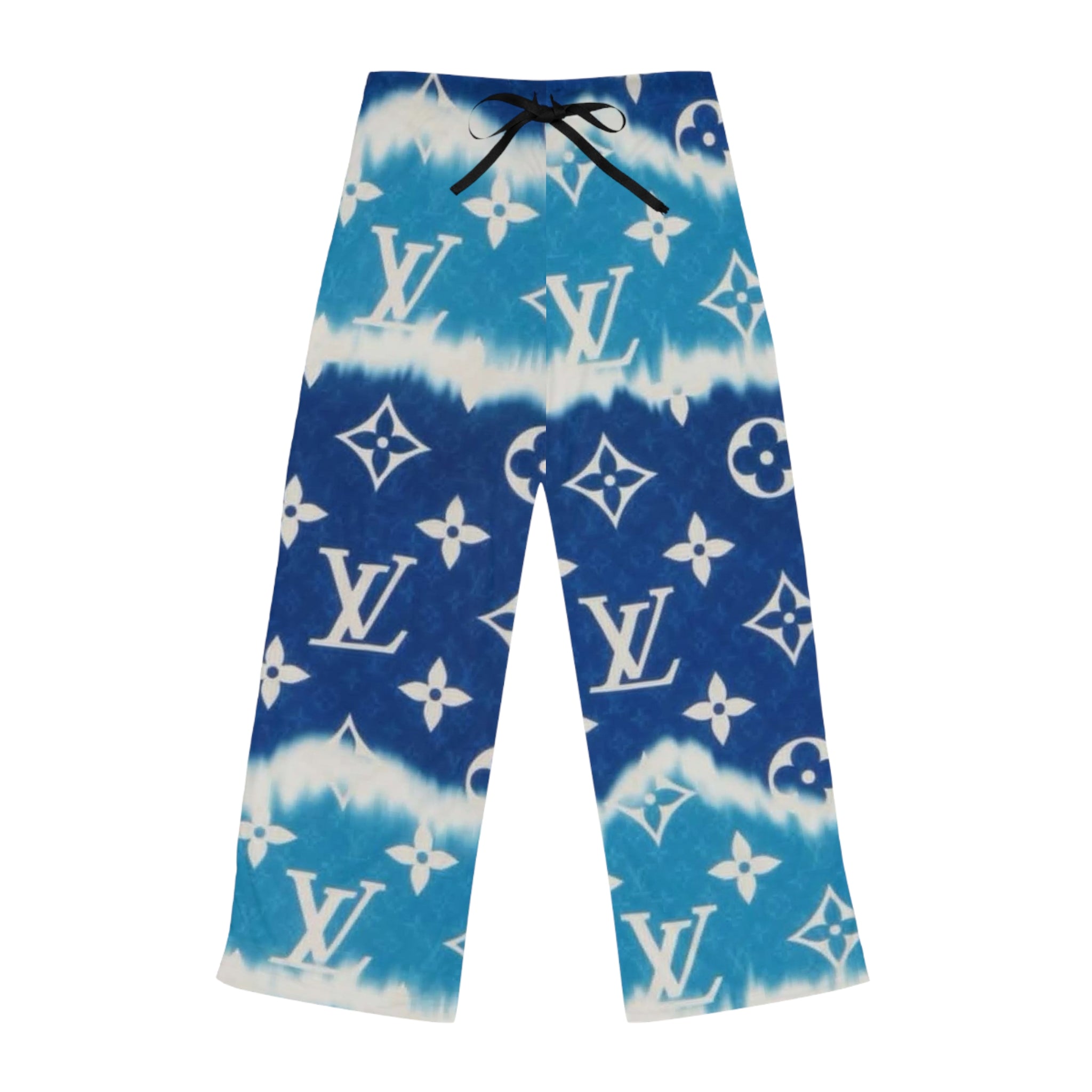 Luxury Blue Tie-Dye Lounge Pajama Pants — Monogram Print Women's Sleepwear
