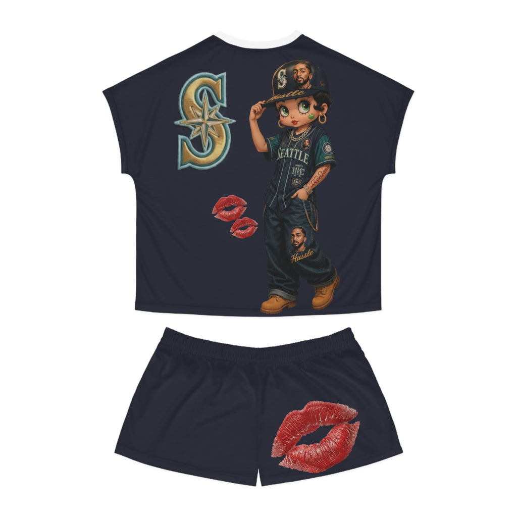 Seattle Mariners Inspired Women's Pajama Set — Cute Girl Mascot, Gold Necklace & Lip Print Sleepwear